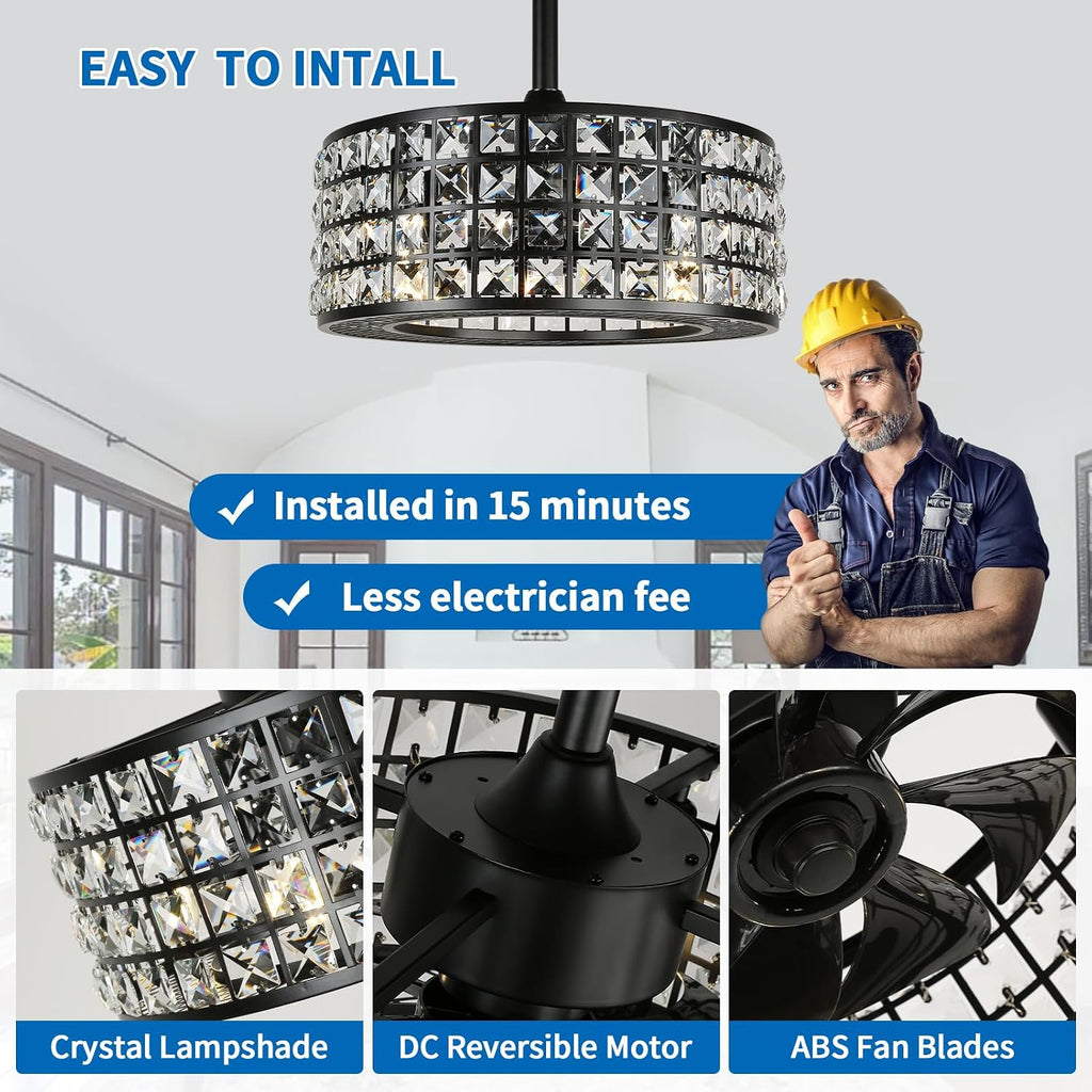 YYEHON Bladeless Ceiling Fan with Lights and Remote, 18' Caged Industrial Fandelier, Indoor Crystal Chandelier Ceiling Fan for Bedroom, Living Room, Dinning Room, Kids Room, Black