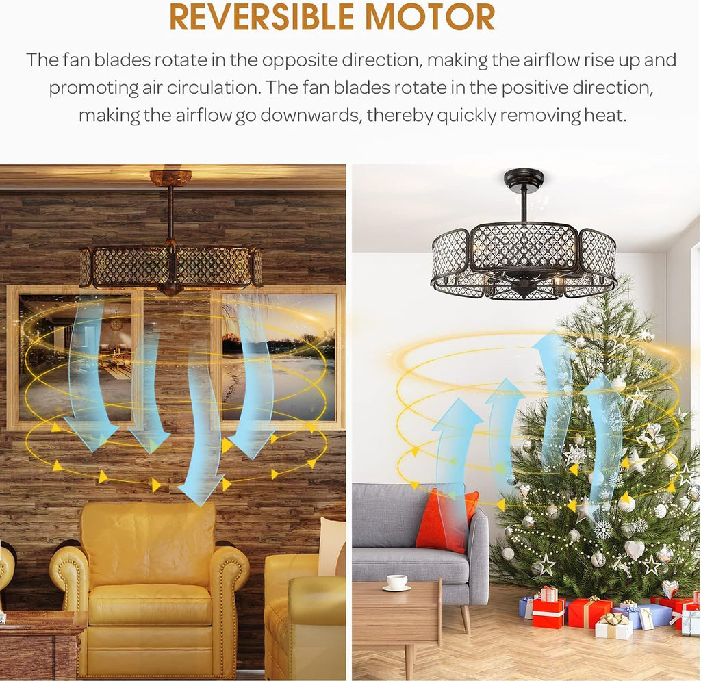 Tangkula Caged Ceiling Fan with Light, 30 Inch Crystal Ceiling Fan with 6 Light Bases, 3 Fan Blades & Remote Control, 6 Speeds, Reversible DC Motor, Timing Function, 6 x E12 Base (Coffee)