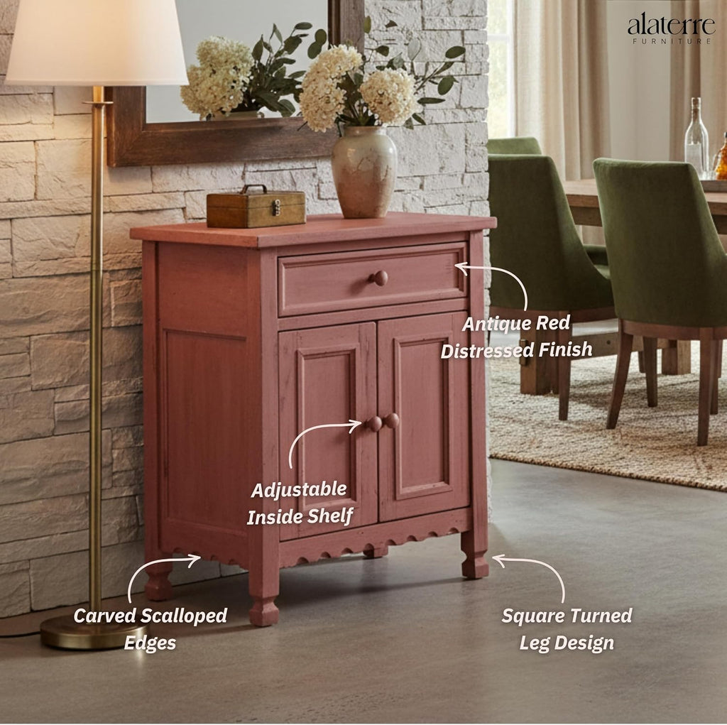 Alaterre Furniture Country Cottage Accent Cabinet with Drawer, Adjustable Shelf & 2 Doors – Rustic Farmhouse Sideboard Buffet Storage Cabinet for Living Room, Dining Room or Entryway (Red Antique)