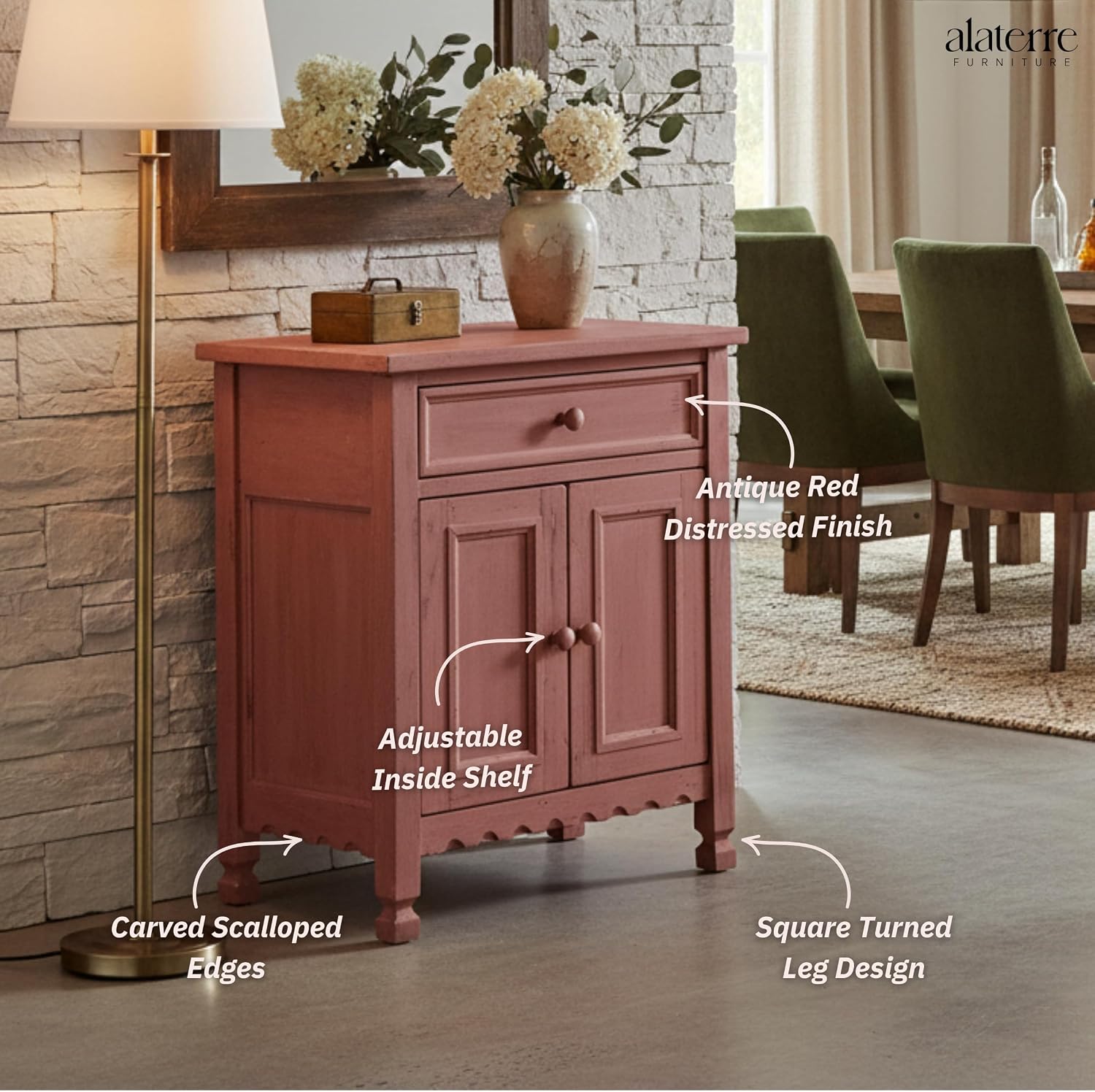 Alaterre Furniture Country Cottage Accent Cabinet with Drawer, Adjustable Shelf & 2 Doors – Rustic Farmhouse Sideboard Buffet Storage Cabinet for Living Room, Dining Room or Entryway (Red Antique)