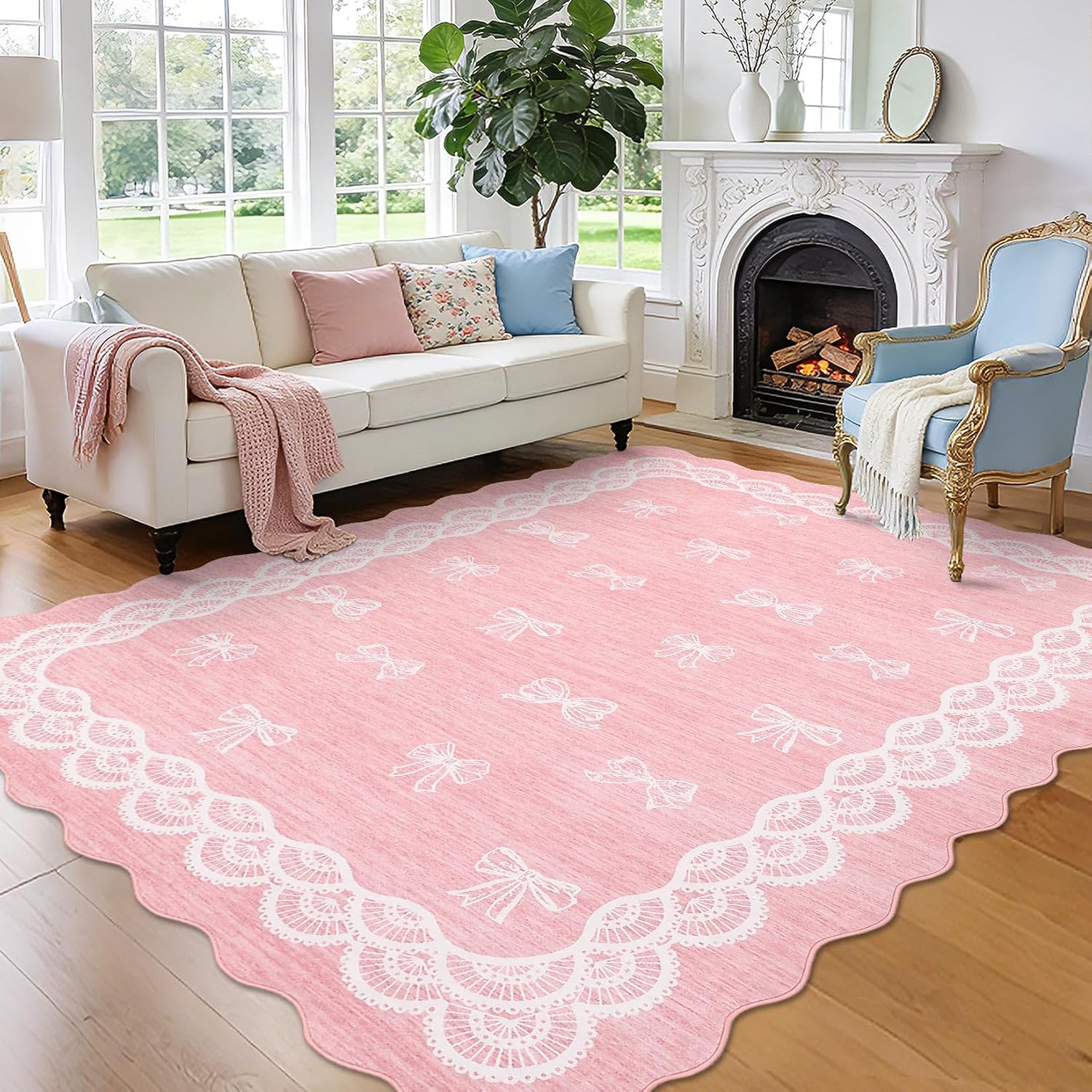 Garvee Scalloped Bow 9x12 Washable Rug for Living Room, Soft Pink Rugs Non-Slip Low Pile Rug Modern Farmhouse Lace Carpet, Stain Resistant Low Pile Floor Cover for Bedroom College Kids Room, Pink