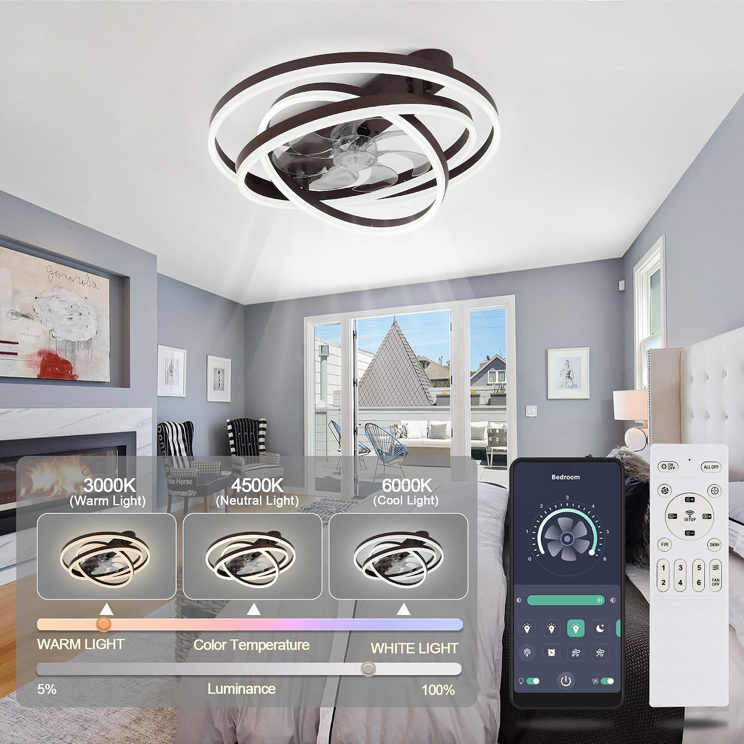 Low Profile Ceiling Fan with Light, 24'' Flush Mount Ceiling Fan with Lights 6 Speed Dimmable Ceiling Fans with Lights and Remote and App Control for Bedroom