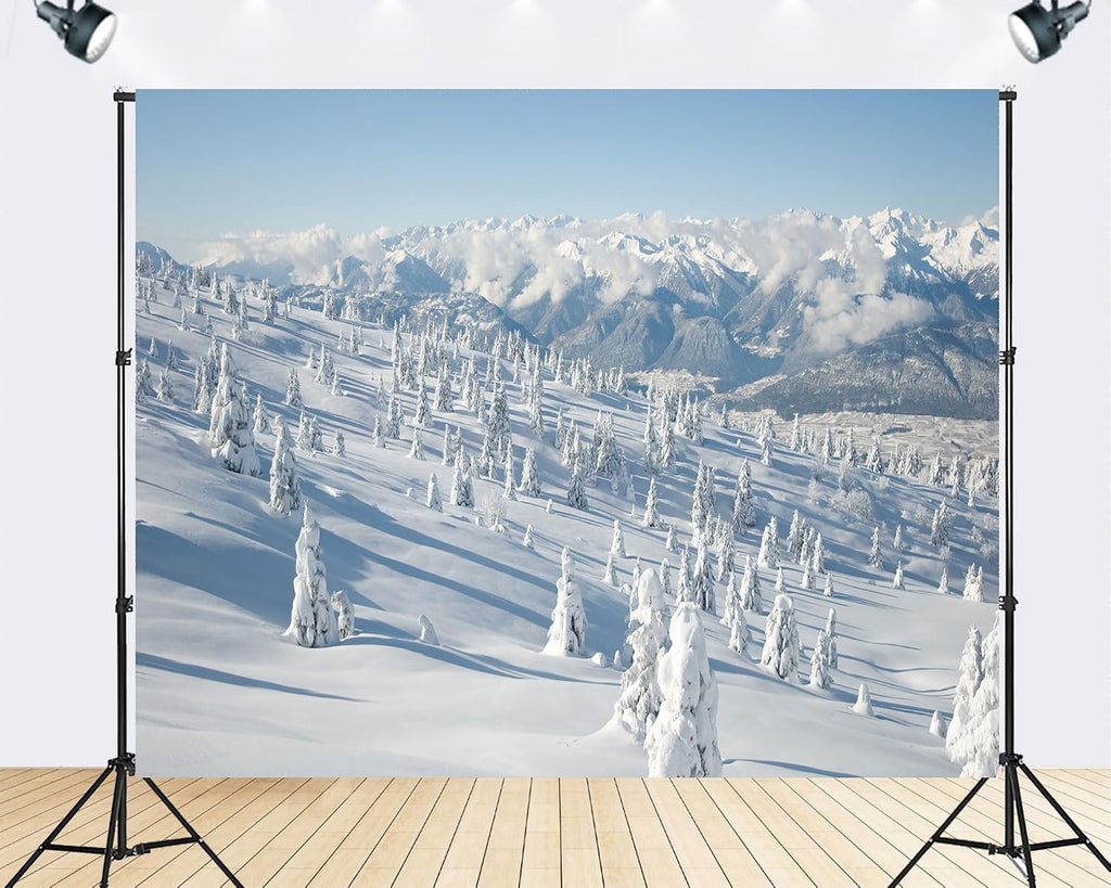 Trykid 20x10ft Snow Covered Mountain Backdrop Pristine White Slopes Frosted Evergreen Trees Clear Blue Sky Photography Background Winter Sports Event Party Decoration Photo Booth Prop Fabric