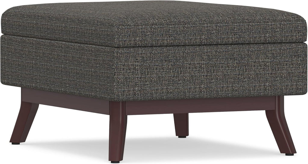 SIMPLIHOME Owen Coffee Table Storage Ottoman - 34' Wide x 19' High Upholstered Tweed Look Fabric Rectangular Lift-Top Ottoman in Ebony, Mid-Century Modern Bench for Living Room with Tapered Legs