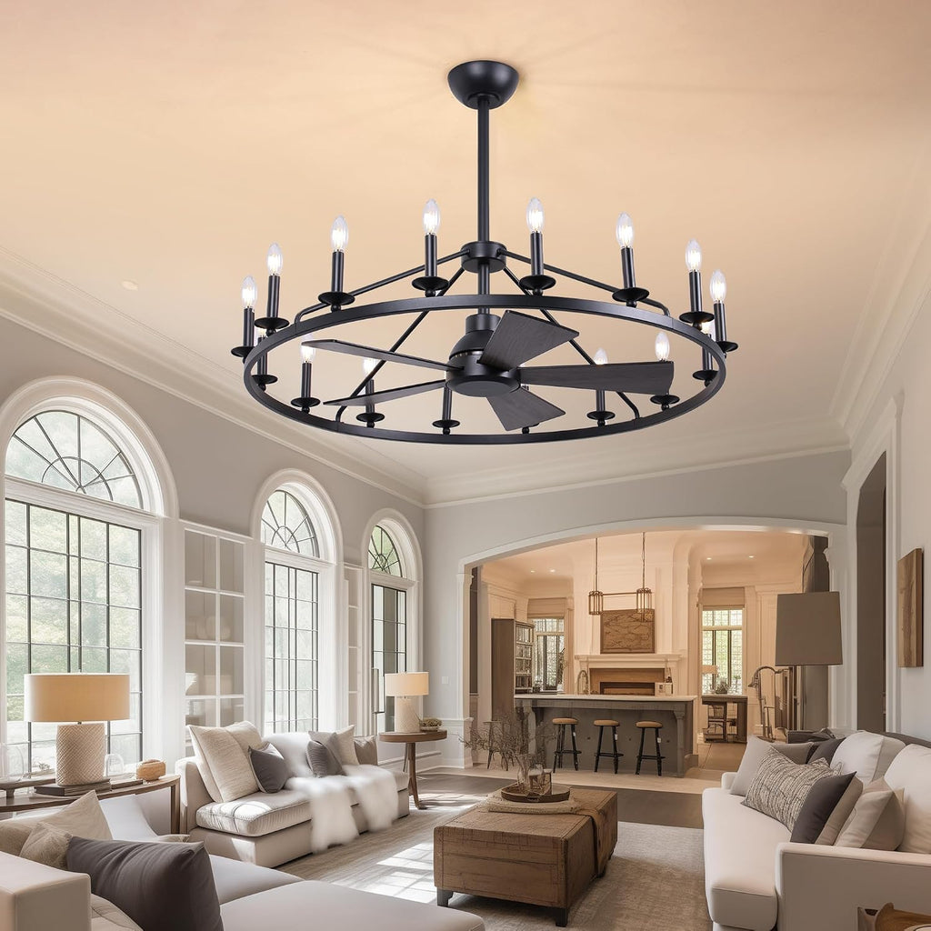 COCOSTAR 44' Black Wagon Wheel Ceiling Fan with 16-Lights, Adjustable Height Farmhouse Fandelier Chandelier for Living Room, E12 Bulb Compatible, Perfect for Summer Cooling and Winter Air Circulation