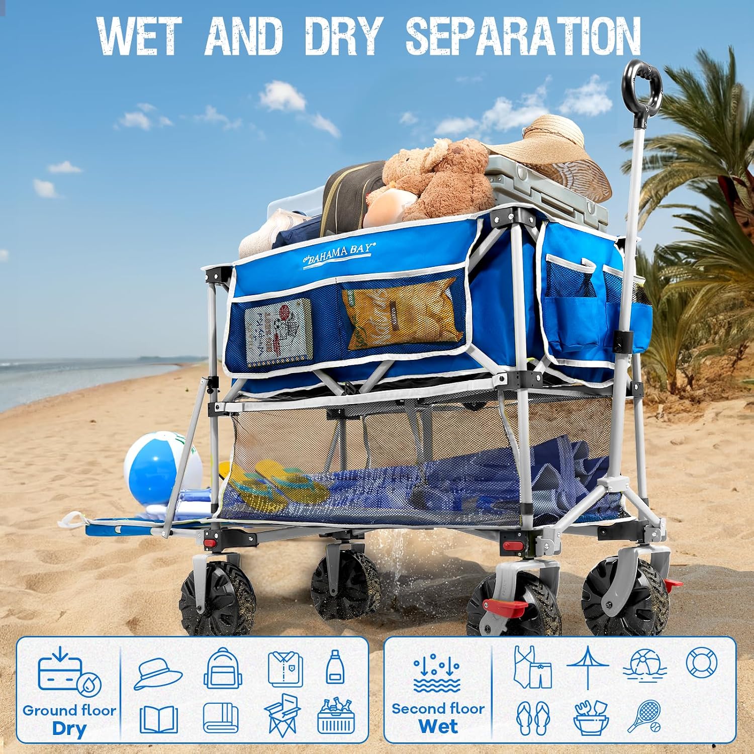 Old Bahama Bay 400L Collapsible Double Decker Beach Wagon with Brakes, Folding Beach Cart with 54' Extra Long Decker, 450LBS Heavy Duty Wagon Chart with All-Terrain Big Wheels for Sand Camping Garden