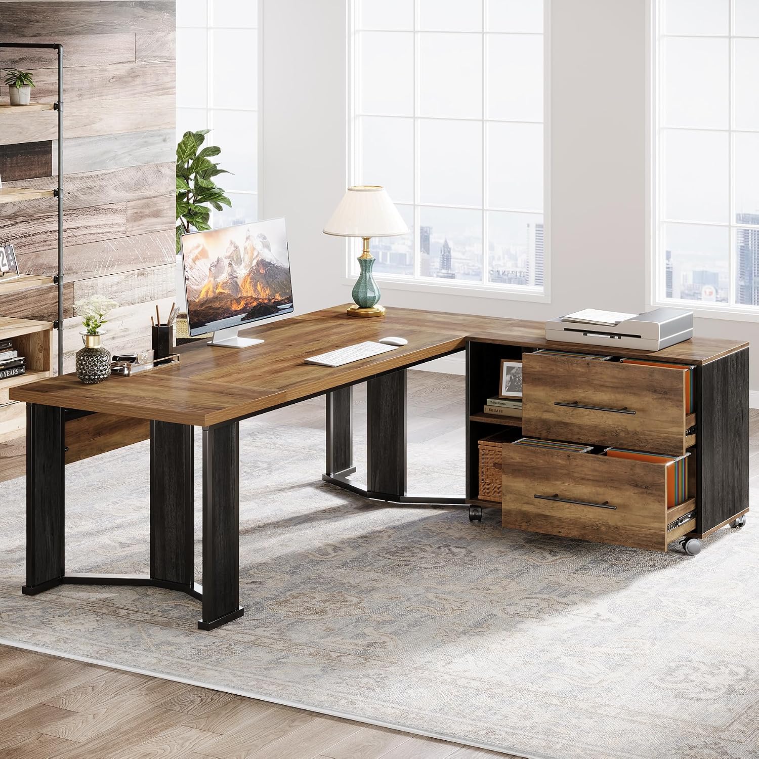 Tribesigns 70.86' Executive Desk with Mobile File Cabinet, Large L Shaped Computer Office Desk with 2 Drawers and Storage Shelves, Business Furniture Desk Workstation for Home Office (Rustic Brown)
