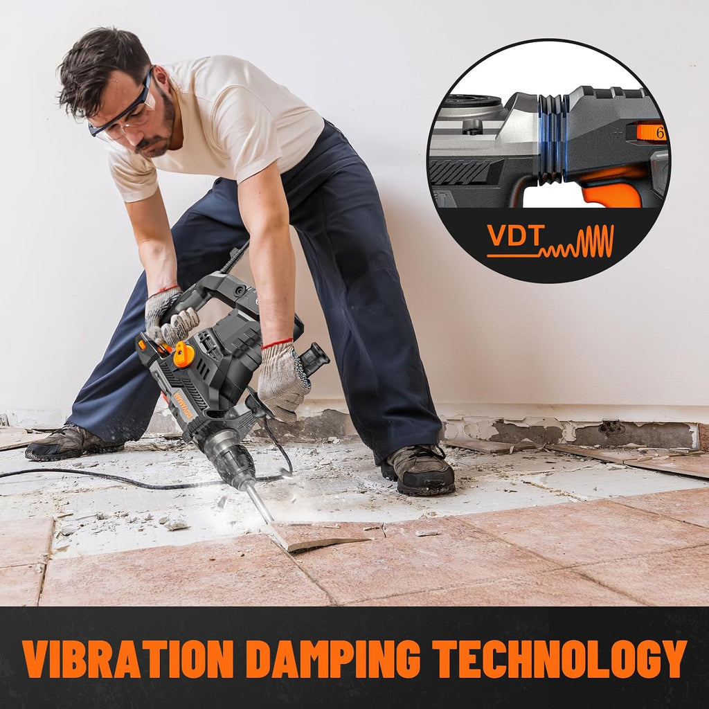 1-9/16'' SDS Rotary Hammer Drill, 12.5Amp Heavy Duty Rotary Hammer with 4 Functions, Safety Clutch, Vibration Control, Corded Hammer Drill for Concrete, Drill Bits and Chisels Included