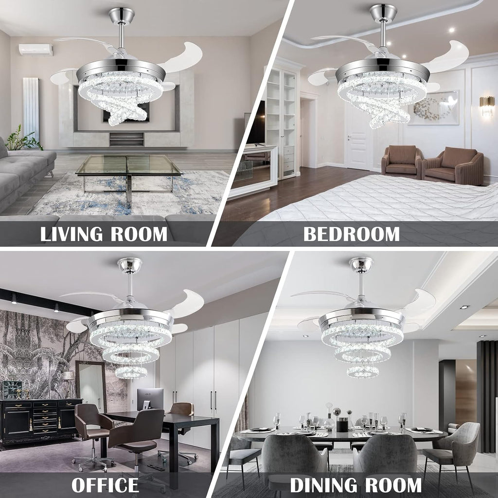 42' Crystal Ceiling Fan with Lights,Modern DIY Crystal Chandelier Ceiling Fan with Remote Control,Invisible Retractable Ceiling Fan for Living Room Bedroom Dining Room (Small Crystal, Silver)