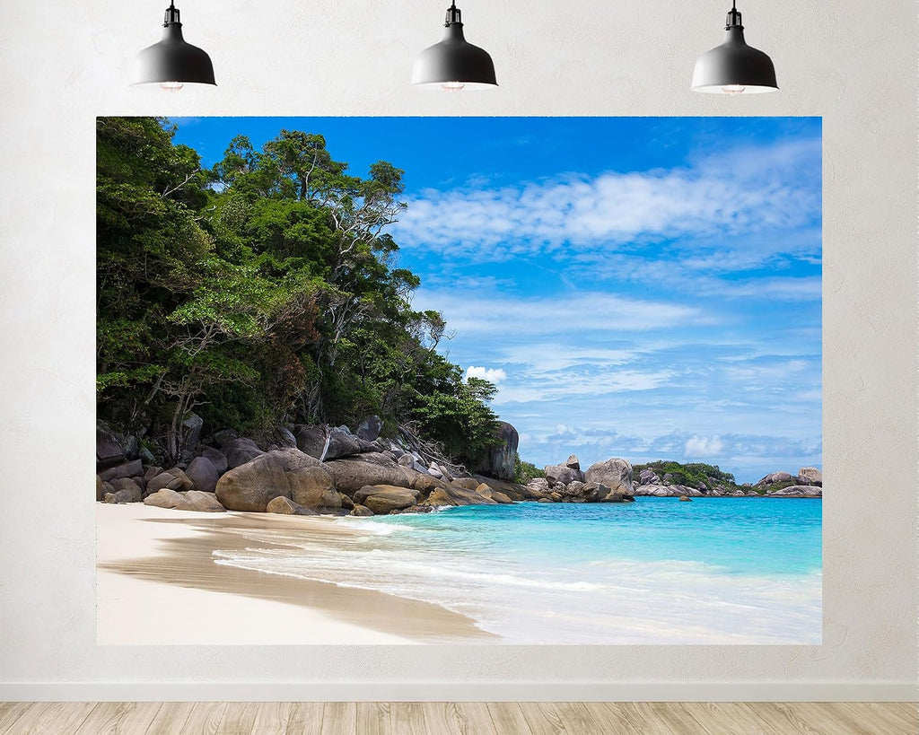 Trykid 20x10ft Rocky Coastal Beach Backdrop Lush Jungle Turquoise Waters Clear Blue Sky Photography Background Nature Exploration Adventure Party Decoration Photo Booth Studio Prop Fabric