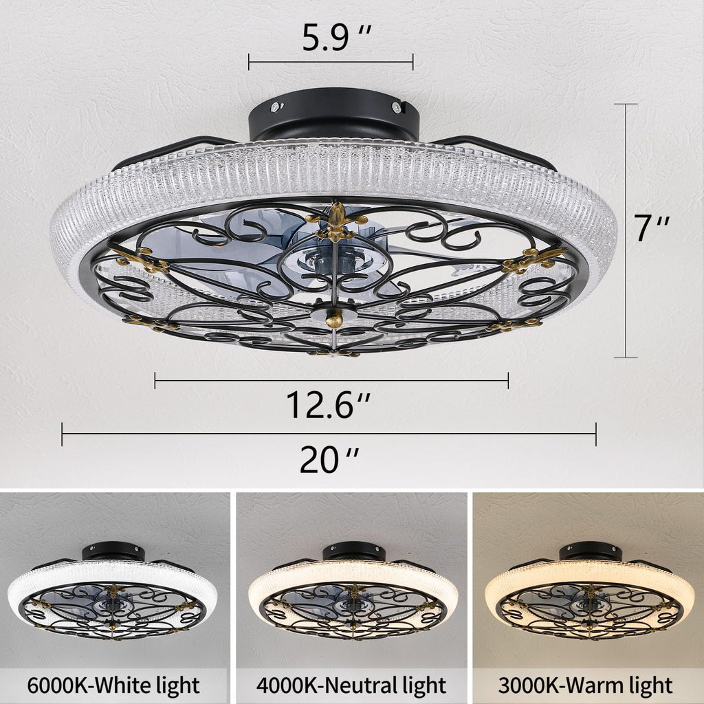 Black Caged Ceiling Fan with Lights Remote Control, 6 Speeds Rustic Industrial Ceiling Fan Light with Crystal Sand Lampshade for Kitchen Bedroom Living Room