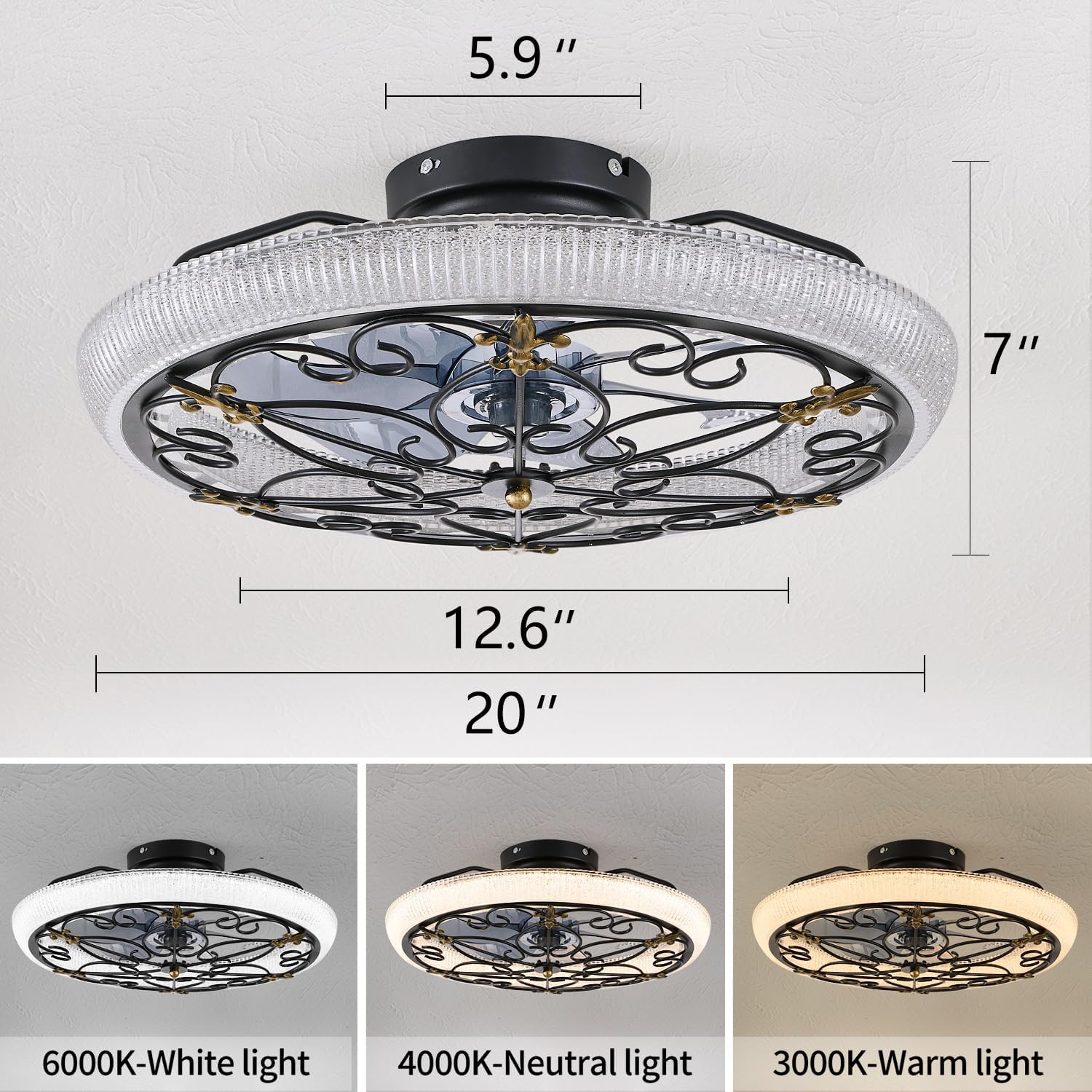 Black Caged Ceiling Fan with Lights Remote Control, 6 Speeds Rustic Industrial Ceiling Fan Light with Crystal Sand Lampshade for Kitchen Bedroom Living Room