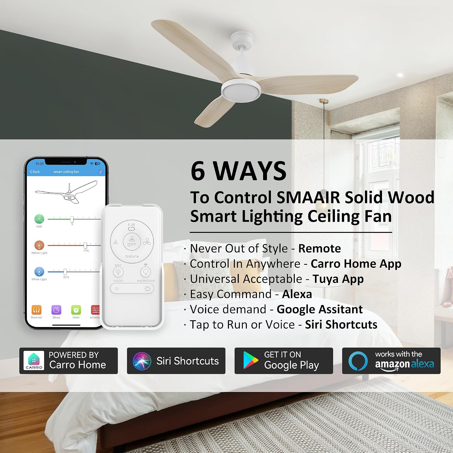 SMAAIR 52 inch Ceiling Fans with Lights and Remote, Solid Wood 6-inch Downrod Mounted, Dimmable LED Light Tri-Color Temperature, DC Reversible Motor, App Control and Voice Control (52inch, White)