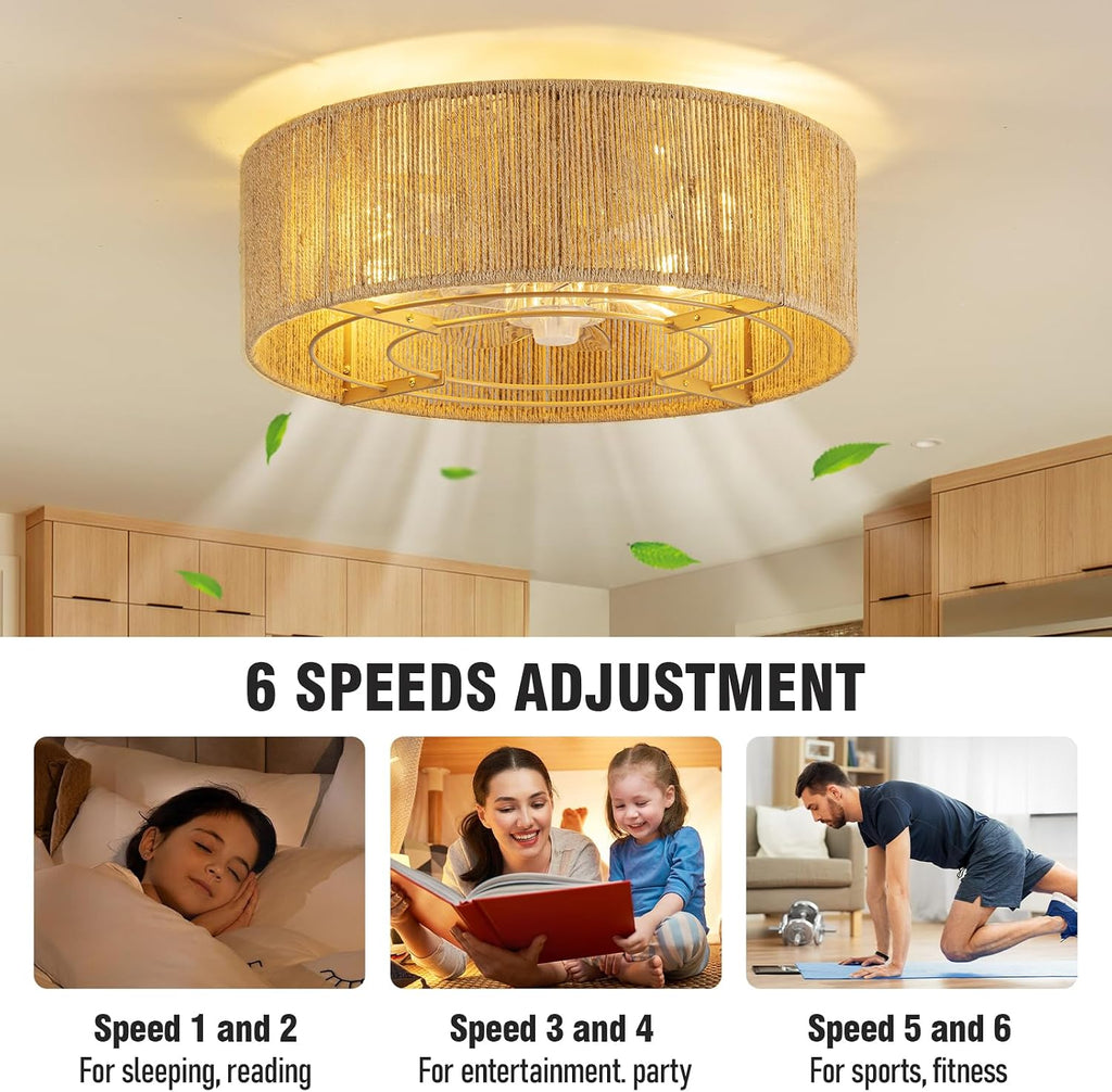 Cage Ceiling Fan with Light,Rattan Ceiling Fan with Light and Remote Control,Enclosed Low Profile Caged Design, 6 Speed Quiet Reversible Motor for Bedroom, Living Room, Porch, Nursery