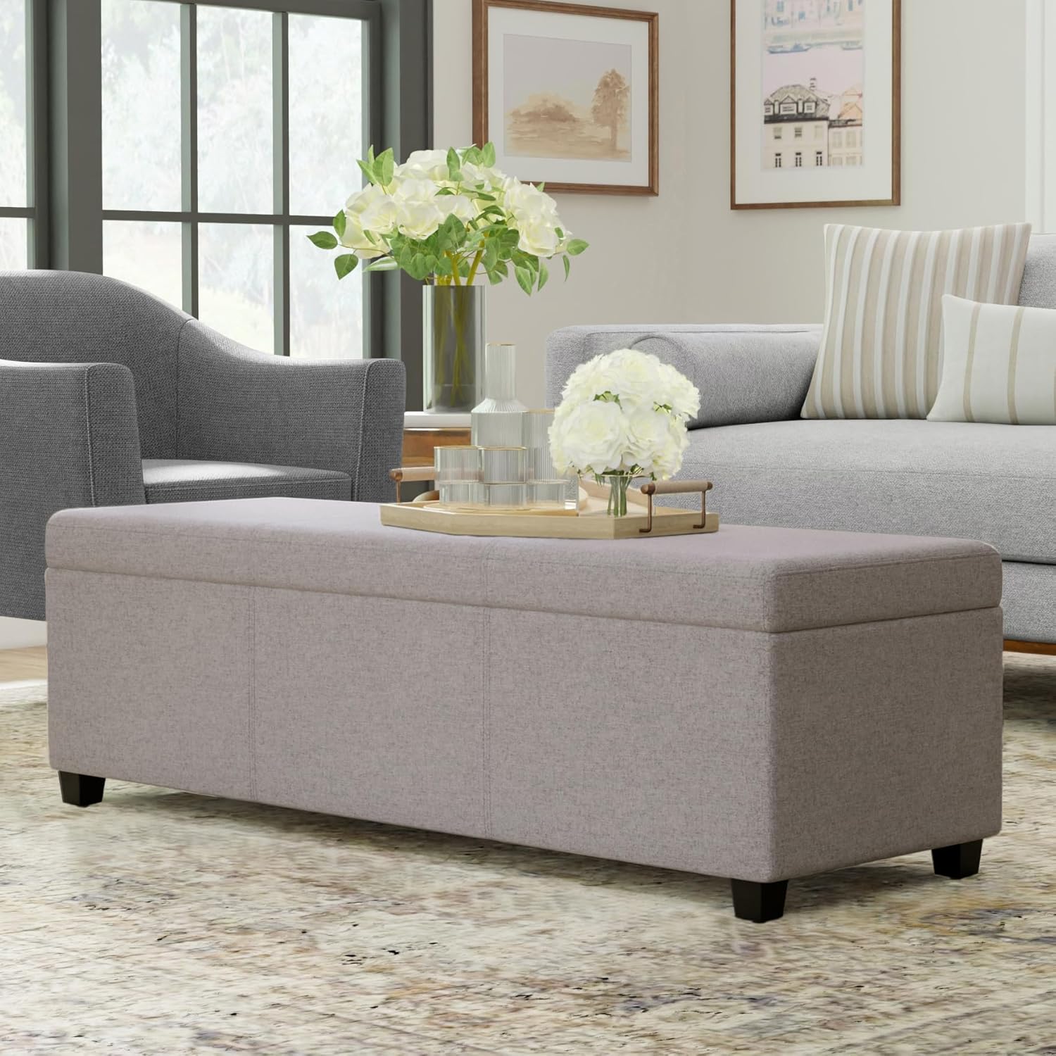 SIMPLIHOME Avalon Extra Large Storage Ottoman Bench - 54 inch Wide Upholstered Linen Look Fabric Rectangular Lift-Top Ottoman in Cloud Grey, Contemporary Bench for Living Room with Hidden Storage