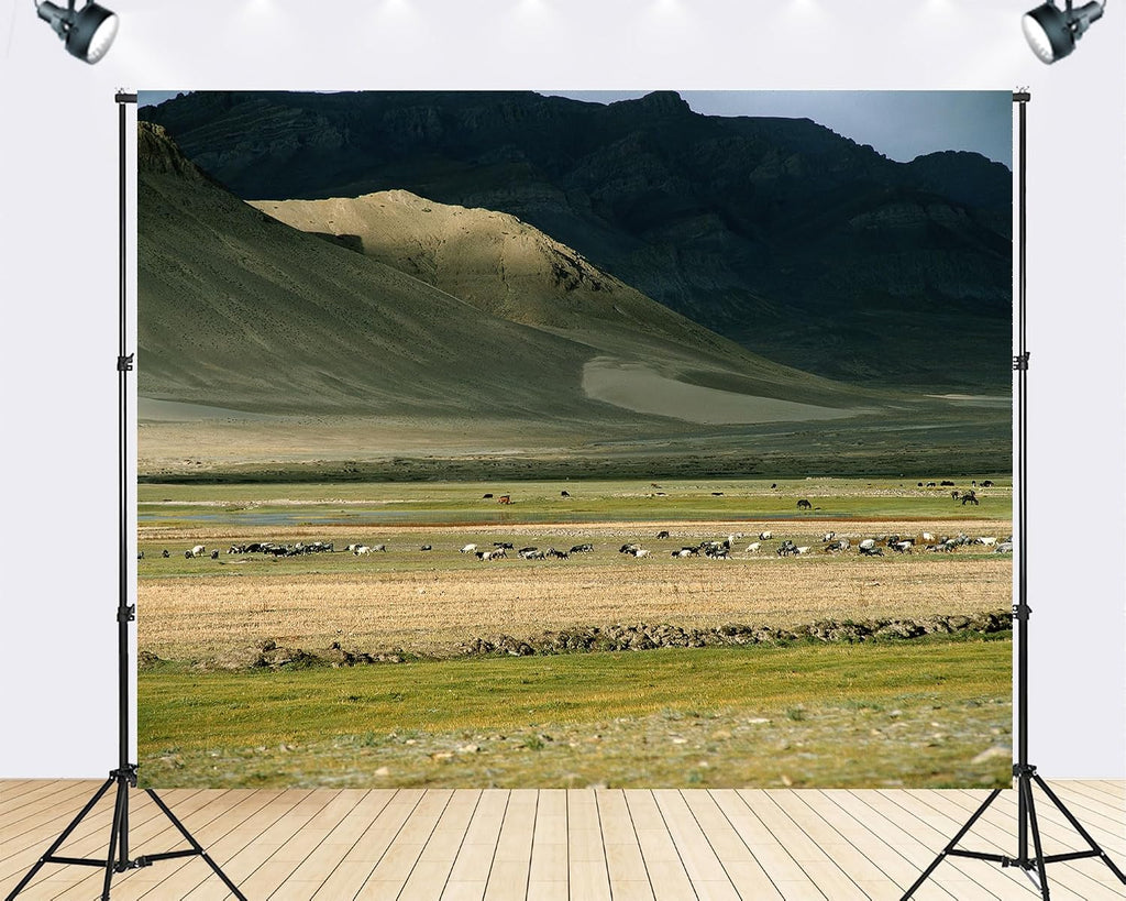 Trykid 20x10ft Grazing Herds Backdrop Rugged Mountain Slopes Golden Plains Clear Skies Photography Background Countryside Wedding Event Party Decoration Photo Booth Prop Fabric