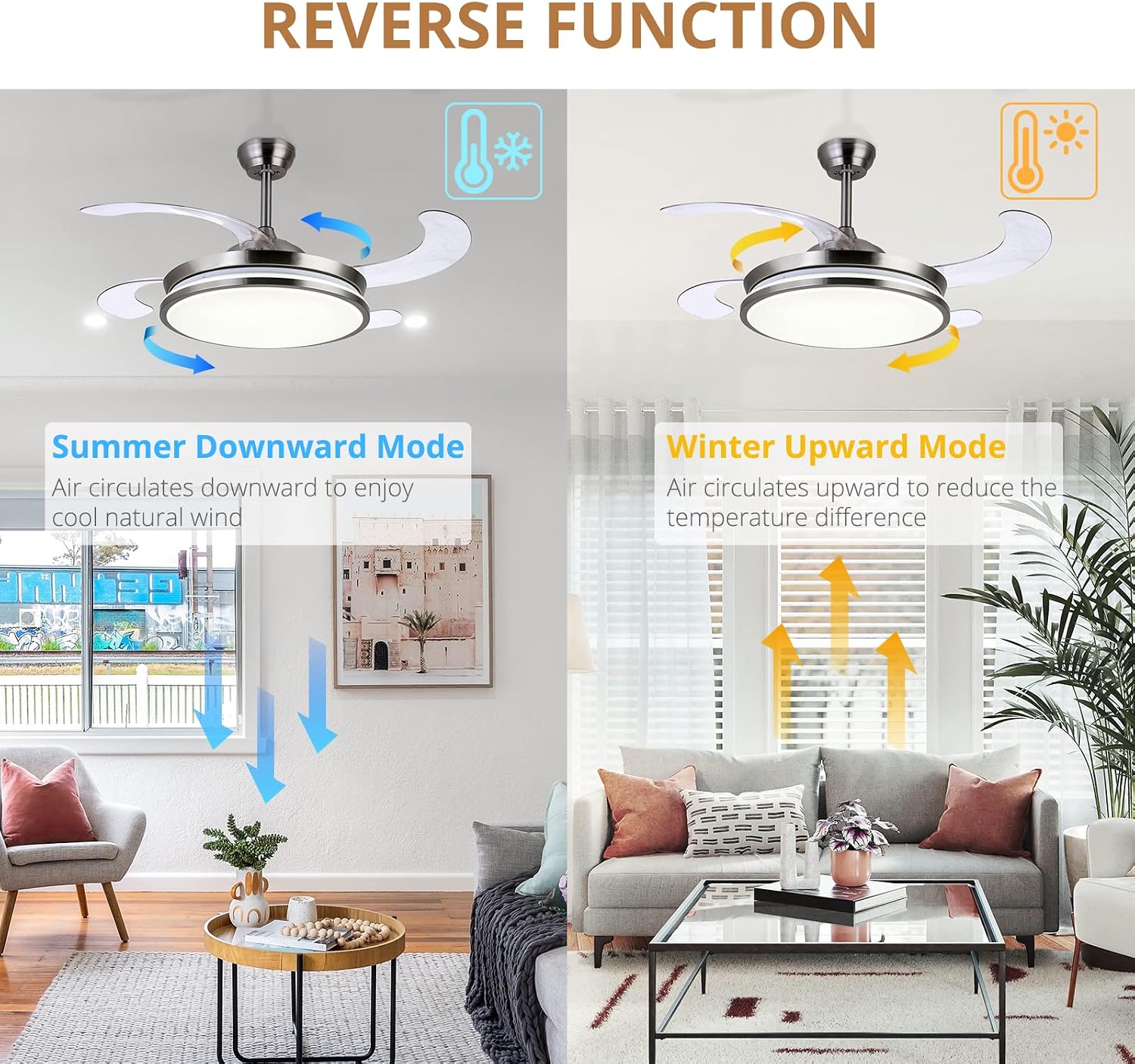 STERREN Retractable Ceiling Fans with Lights,42 Inch Modern Low Profile Bladeless LED Ceiling Fan Lights with Remote Control Smart Brushed Nickel Ceiling Fan for Bedroom Living Room