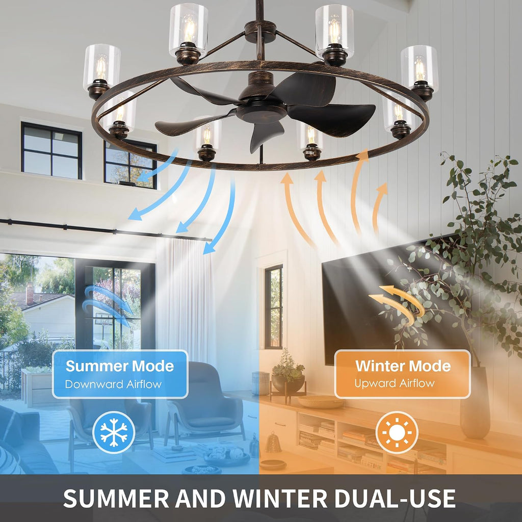 44' Large Ceiling Fans with Lights Wagon Wheel Chandelier, Farmhouse Fandelier Classical Black Fans with Glass Lampshade Light Fixture,App, 6 Speed,Timing,Adjustable Height for Dining Room Living Room