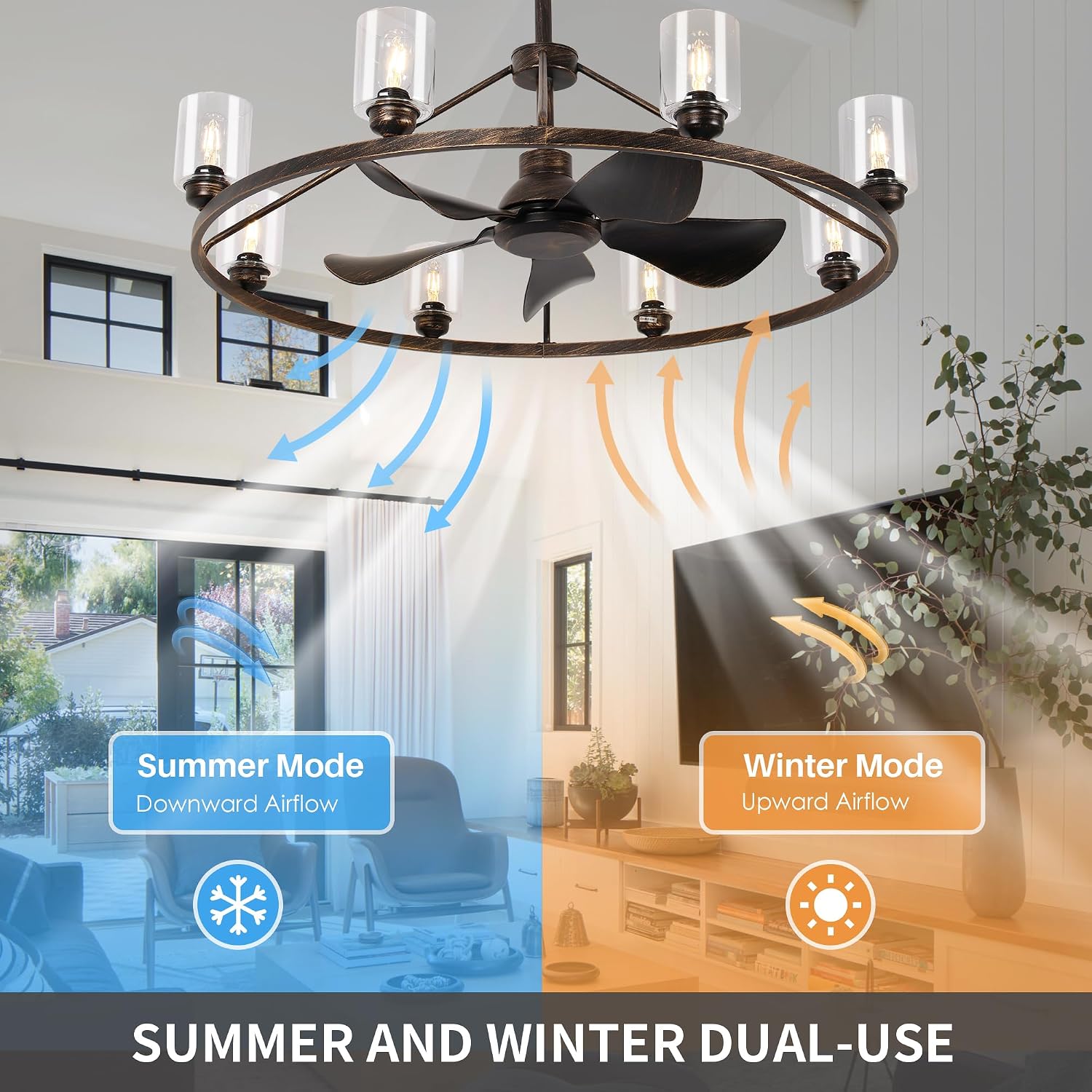 44' Large Ceiling Fans with Lights Wagon Wheel Chandelier, Farmhouse Fandelier Classical Black Fans with Glass Lampshade Light Fixture,App, 6 Speed,Timing,Adjustable Height for Dining Room Living Room