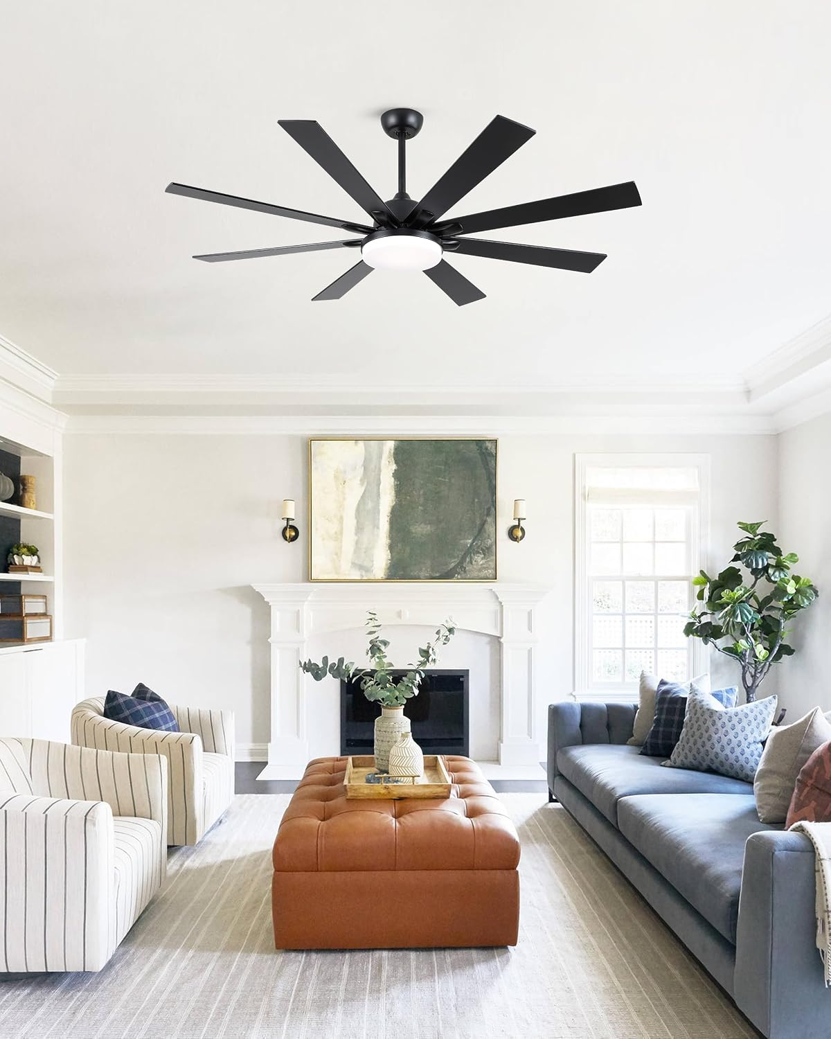 POCHFAN 62 Inch Ceiling Fans with Lights,Large Modern Ceiling fan with Remote and 8 Wooden Blades,Dimmable,6 Speeds,Noiseless Reversible Indoor&Outdoor Fan for Bedroom,Patio,Living Room