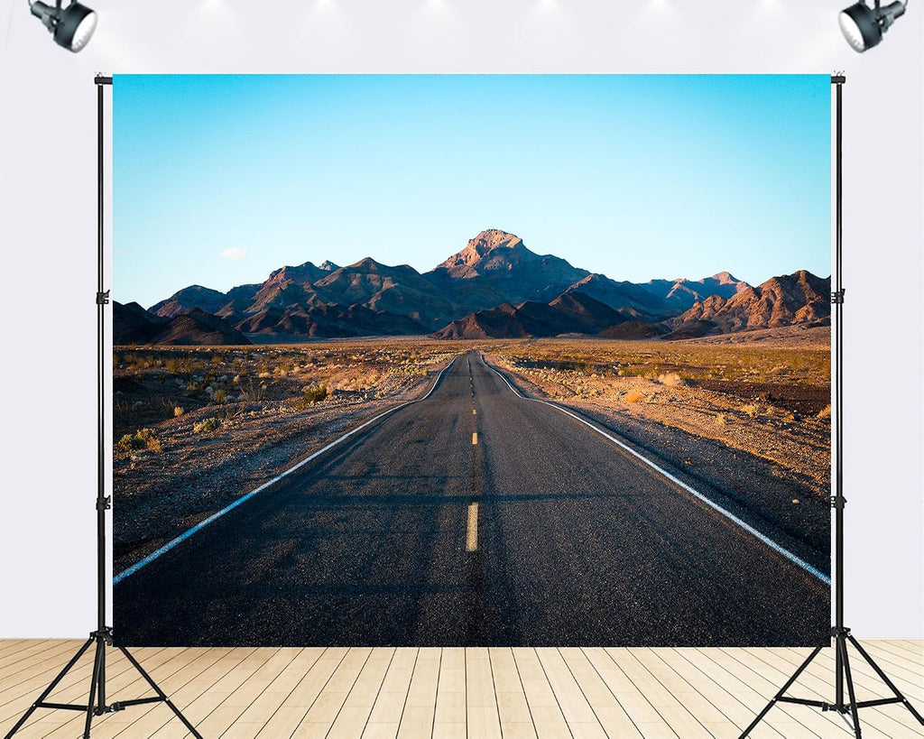 Trykid 20x10ft Death Valley Desert Road Backdrop Rocky Mountains Clear Blue Sky Arid Landscape Photography Background Western Adventure Party Decoration Photo Booth Prop Fabric