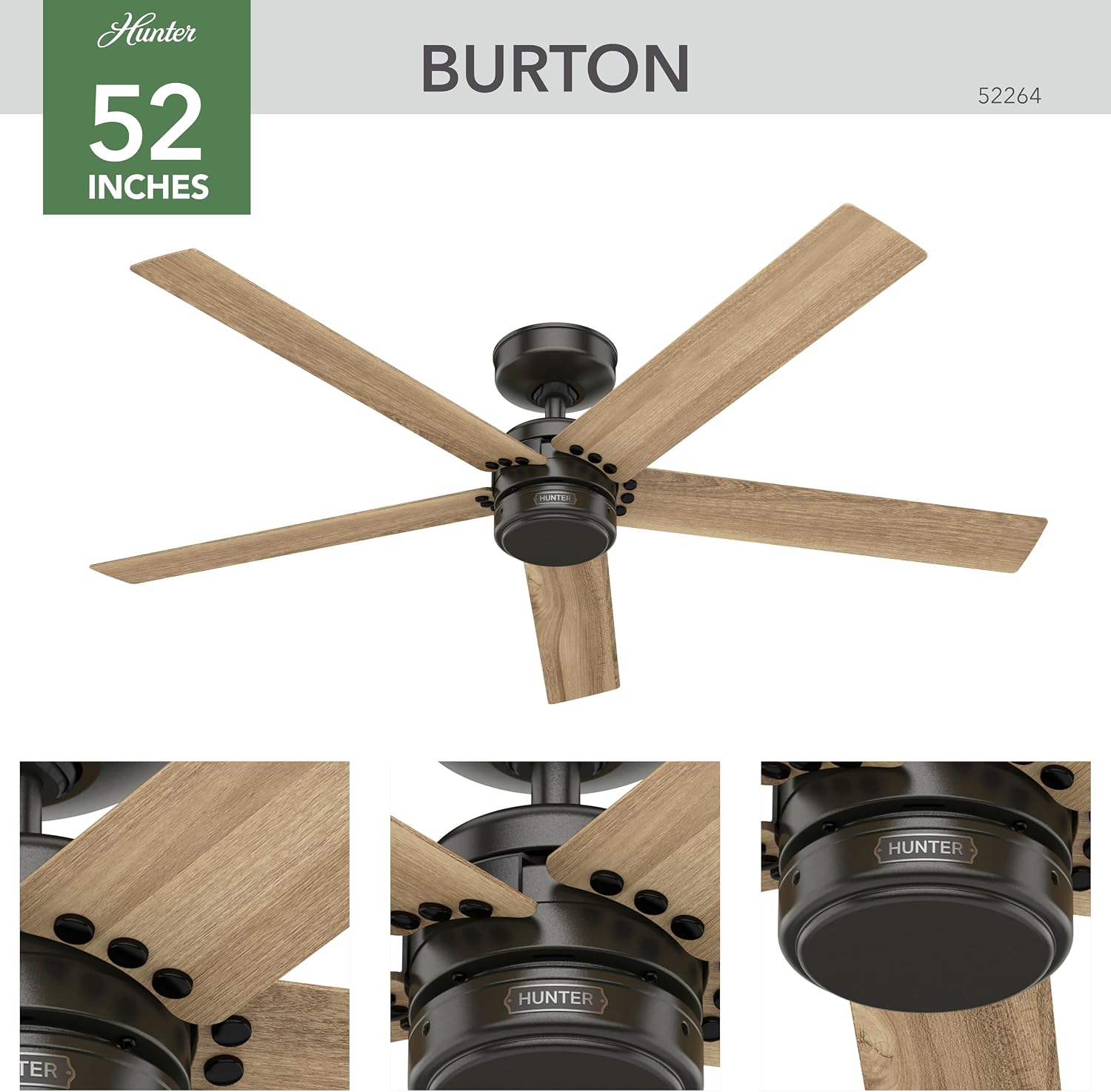 Hunter 52 inch Outdoor or Indoor Ceiling Fan No Light - Bronze Ceiling Fan without Light, For Patio, Porch, Garage, or Living Room, Standard Mount, 5 Blades, Wall Control - Burton 52264, Noble Bronze