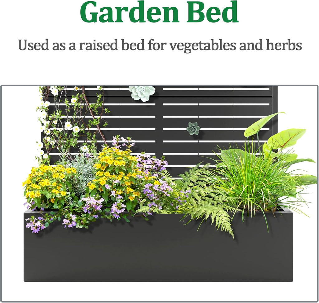 TUYOHW Metal Raised Garden Bed with Trellis, 2 in 1 Trellis with Planter Box & Privacy Screen for Climbing Plants, Vine, Outdoor Standing Flower Beds with Drainage Holes, 47' L x 17' W x 71' H, Black