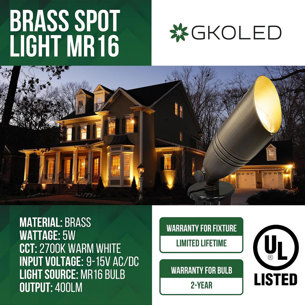 GKOLED UL Listed Solid Brass Landscape Spotlight, Low Voltage Outdoor Directional Uplight, with 5W MR16 LED Bulb & Large Rugged Slot Spike, 12V AC/DC Garden Patio Spot Up Light (Pack of 3)