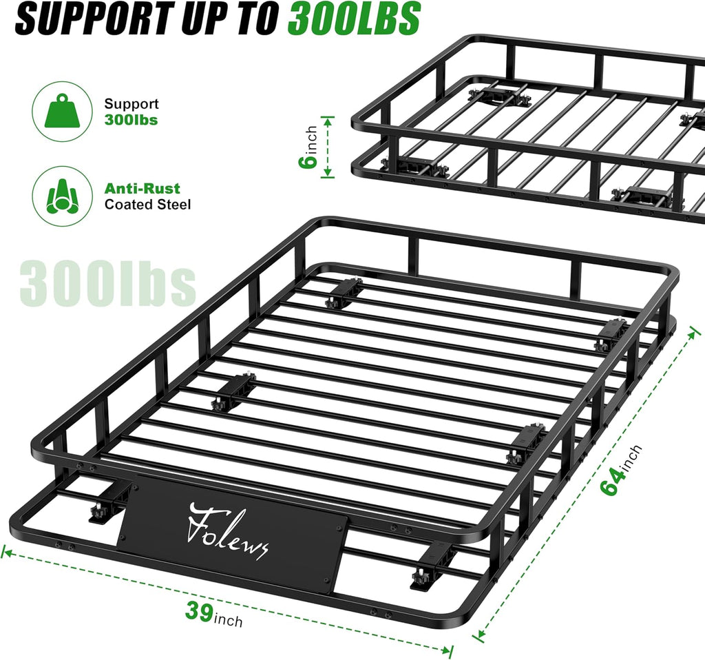 Folews 64 x 39 x 6 Inch Roof Basket, Heavy Duty 300LB Roof Rack Cargo Carrier Universal Rooftop Cargo Basket Steel Luggage Holder for Car, SUV, Truck & Pickup