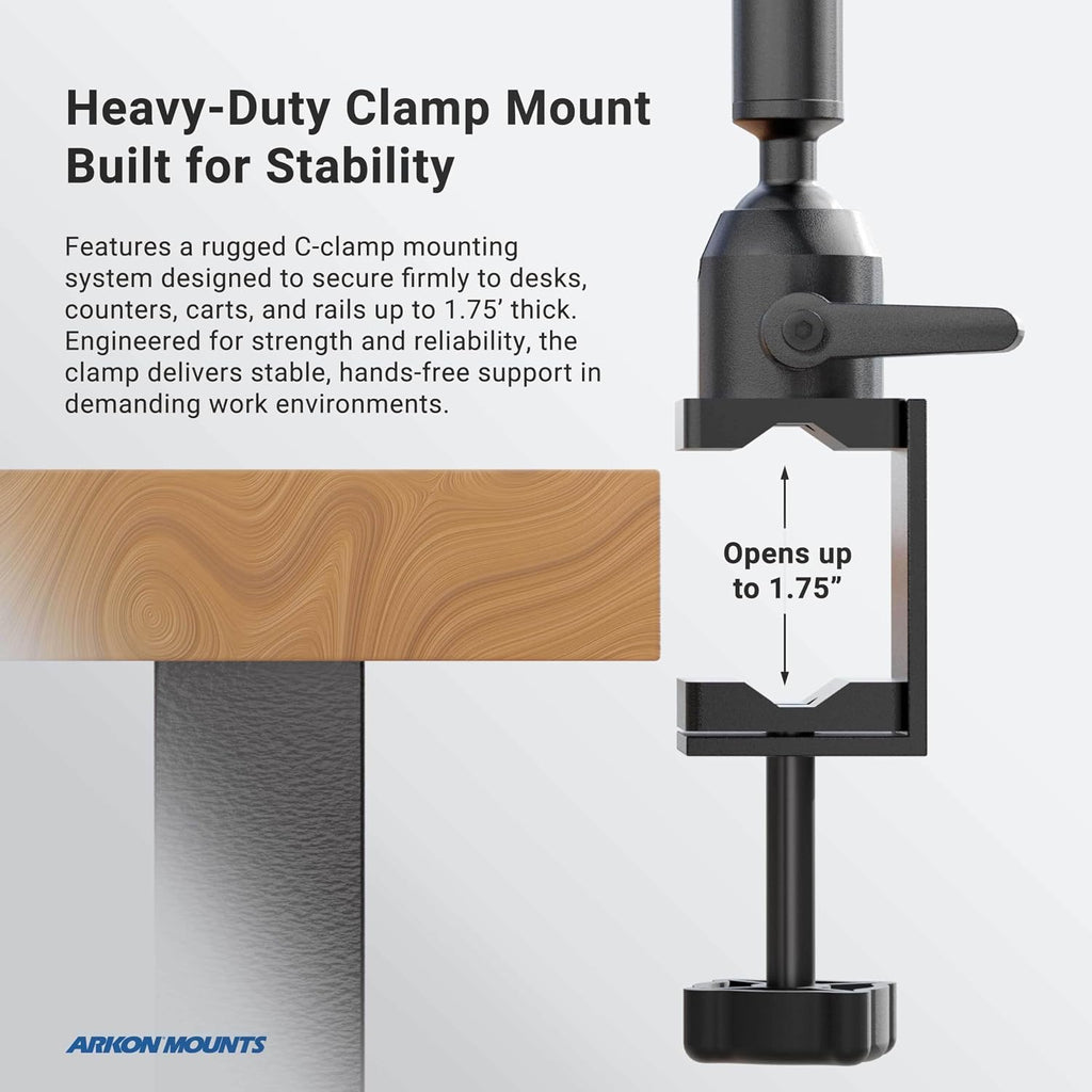 ARKON Mounts Heavy-Duty Tablet Mount with Clamp | Universal Tablet Holder | Strong C-Clamp | Multi-Angle Arm | Compatible with iPad Pro, Mini, Surface Pro, Samsung Tablets, and more