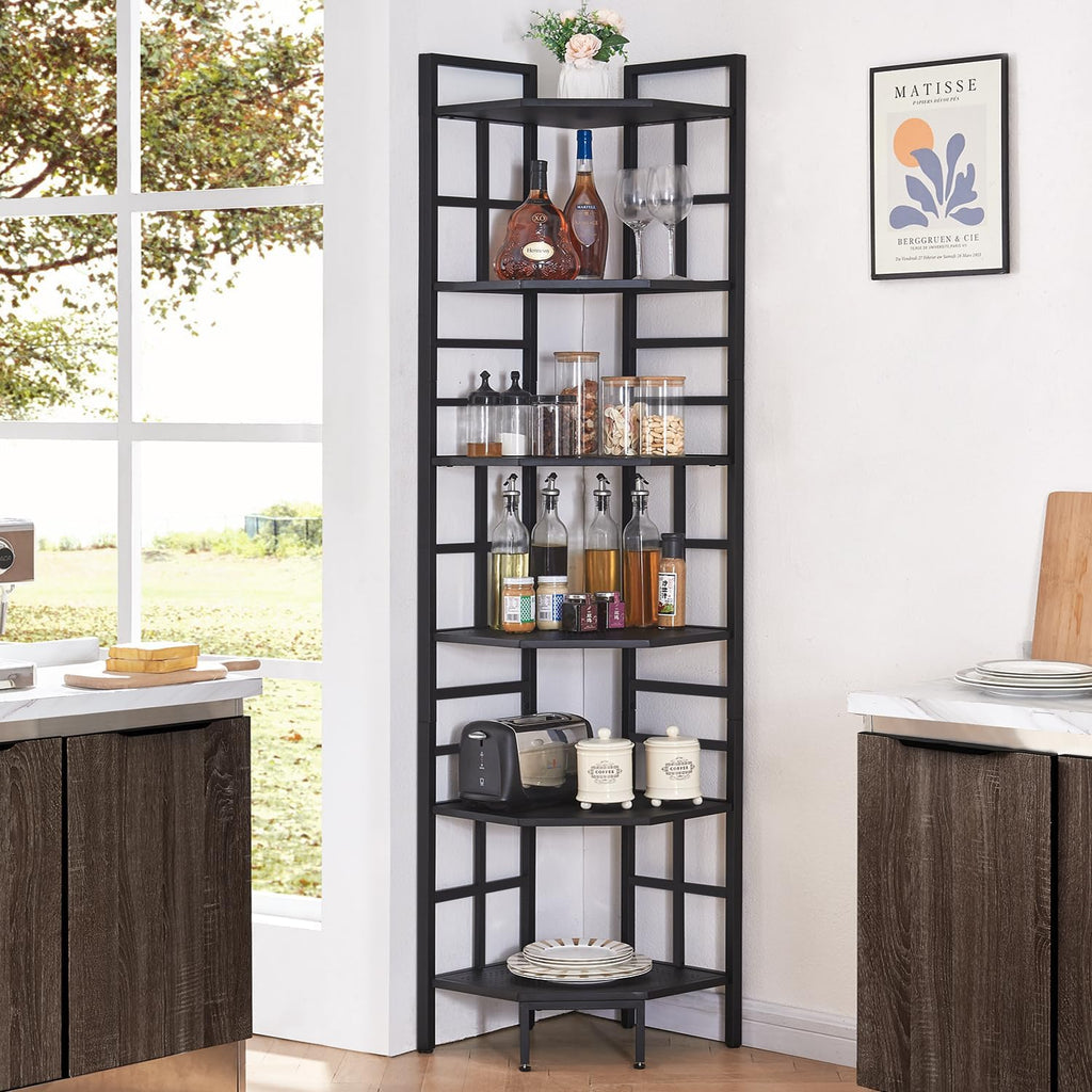 HOMISSUE Corner Shelf, 6 Tier Tall Narrow Bookshelf 76.9', Industrial Corner Bookcase with Storage for Home Office Living Room and Bedroom, Black