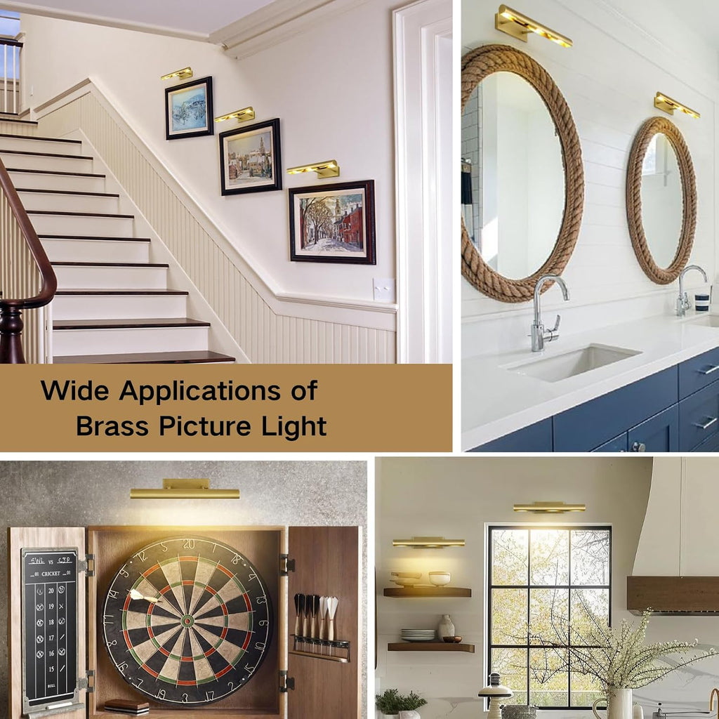 Picture Light, 18inch Brass Picture Lights for Wall,Hardwired Brushed Gold Picture Lights,270° Rotatable Art Lights, 3-Light Picture Frame Light for Painting Display Artwork Portrait