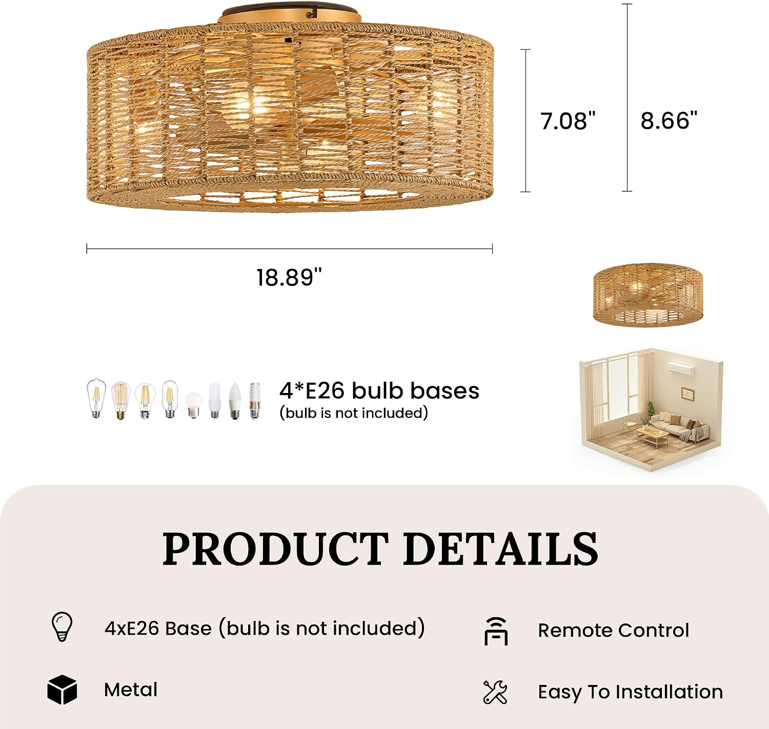 20' Rattan Caged Flush Mount Fandelier，Brown Boho Ceiling Fan with Remote, Reversible