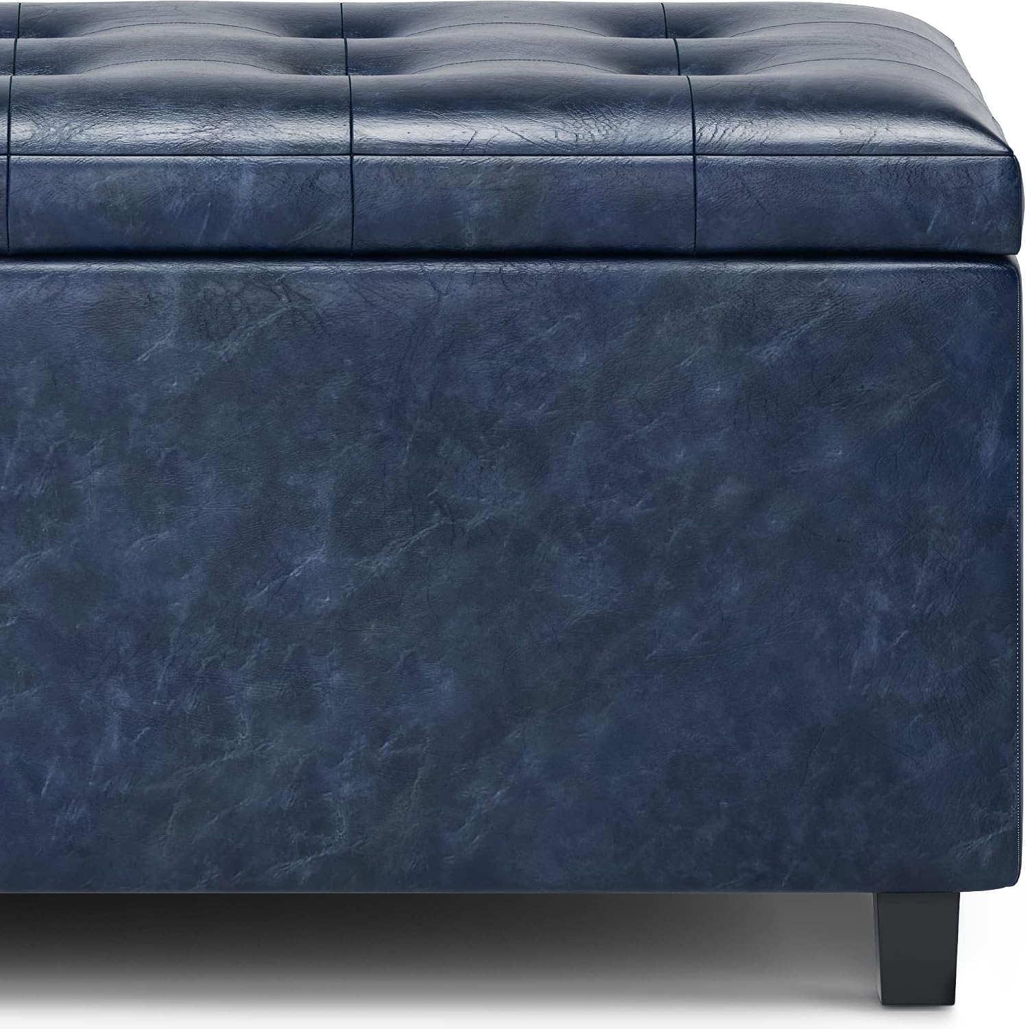 SIMPLIHOME Cosmopolitan Storage Ottoman - 34 inch Wide Upholstered Vegan Leather Rectangle Storage Ottoman Bench in Denim Blue, Transitional Tufted Ottoman for Living Room or Entryway with Lift-Up Lid
