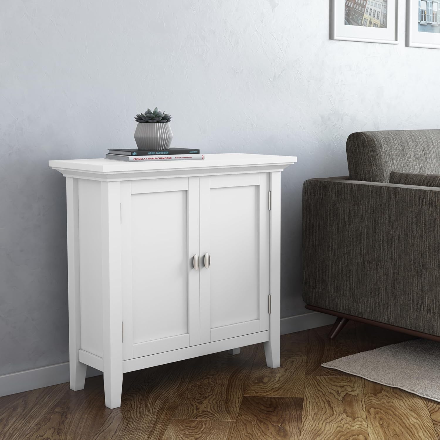 SIMPLIHOME Redmond Storage Cabinet - 32 inch Wide Solid Wood 2-Shelf Low Storage Cabinet in White, Transitional Accent Cabinet for Entryway with Adjustable Shelves and Tapered Legs