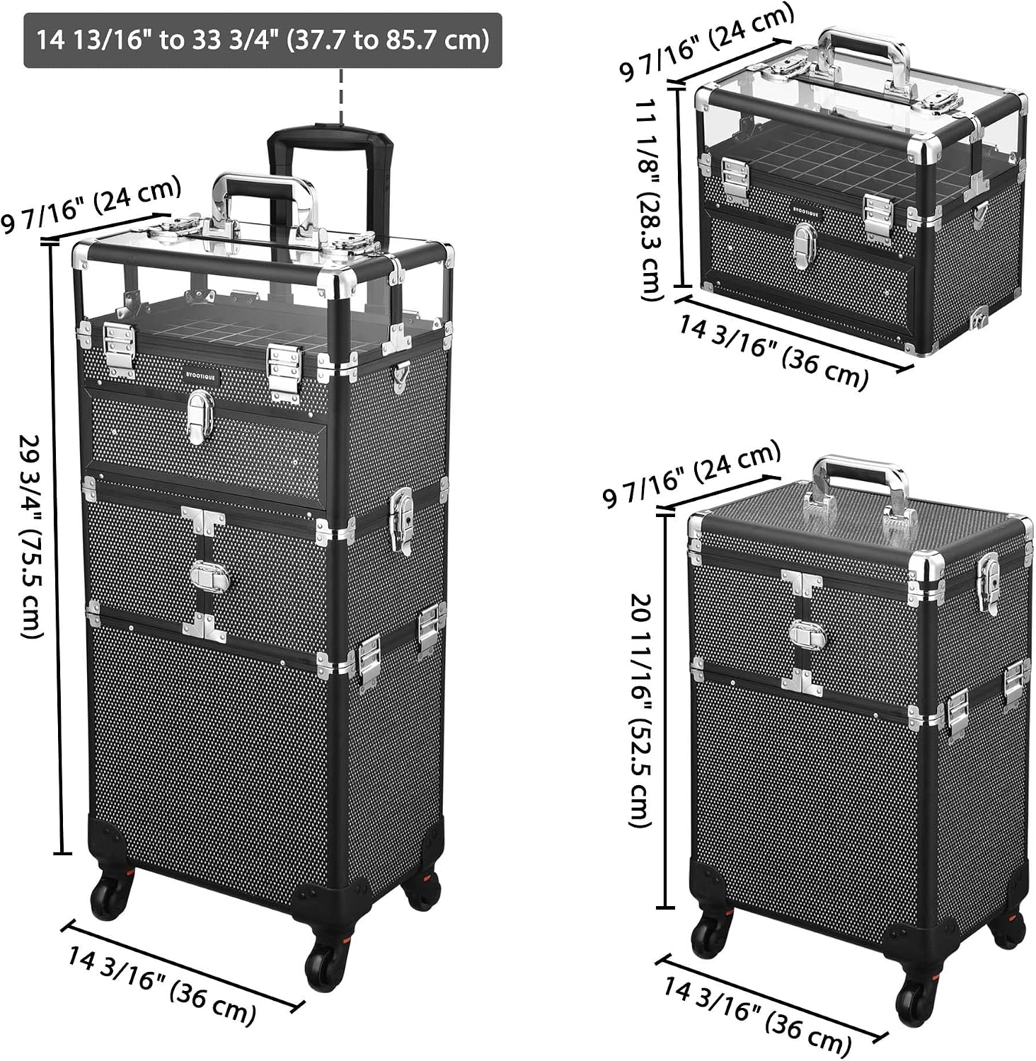 BYOOTIQUE 2in1 Nail Polish Organizer Rolling Makeup Train Case Manicure Cosmetic Trolley Travel Organizer Nail Case with Clear Lid Extendable Trays 4 removable wheels 54 Slots (Black)