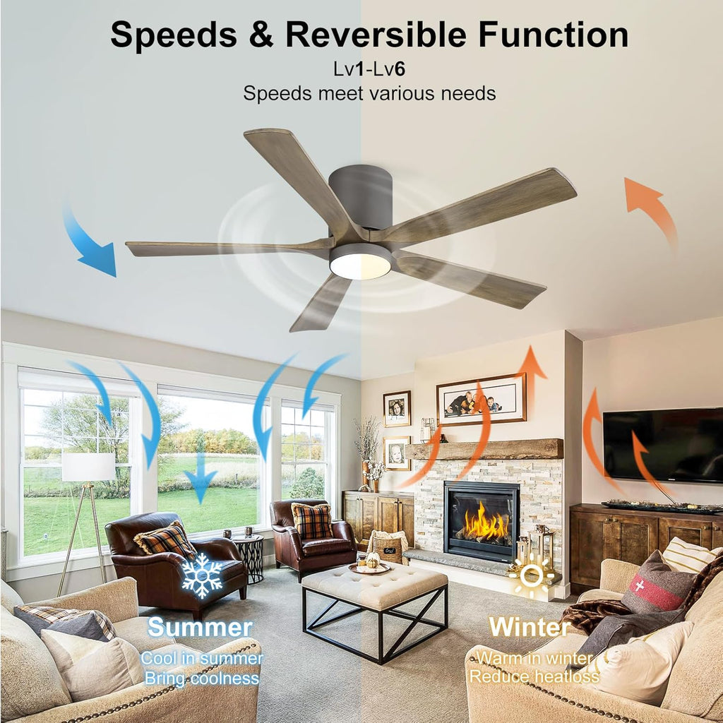 ELEHINSER 52 Inch Flush Mount Ceiling Fan with Lights, Low Profile Modern Ceiling Fan with Remote, Quiet DC Motor, 6-Speed, 3CCT,Timer, 5 Solid Wood Blades, Charcoal Grey