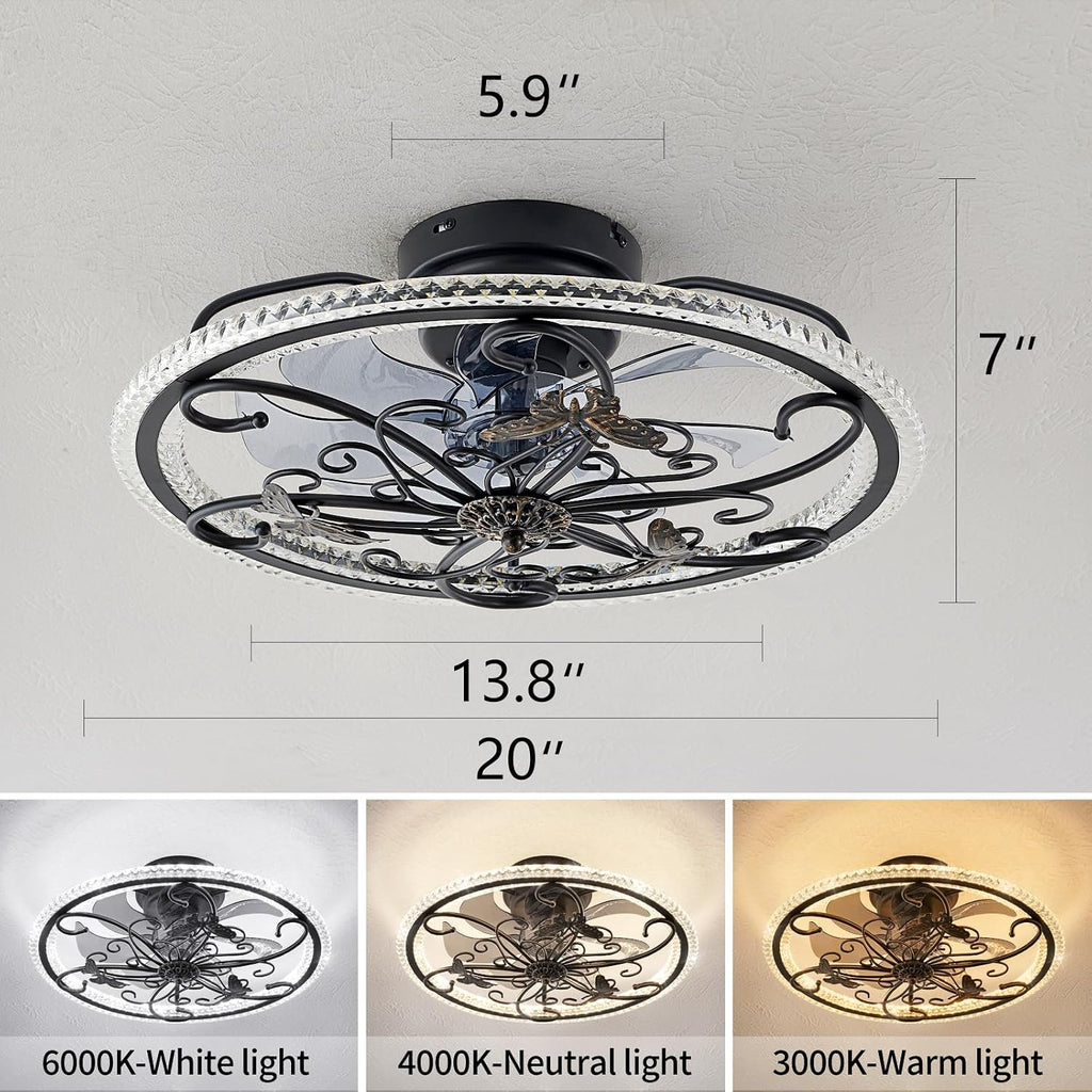 Retro Black Ceiling Fan with Lights Remote Control, 6 Speeds 3 Color Industrial Caged Ceiling Fan with Light for Kitchen Bedroom Living Room