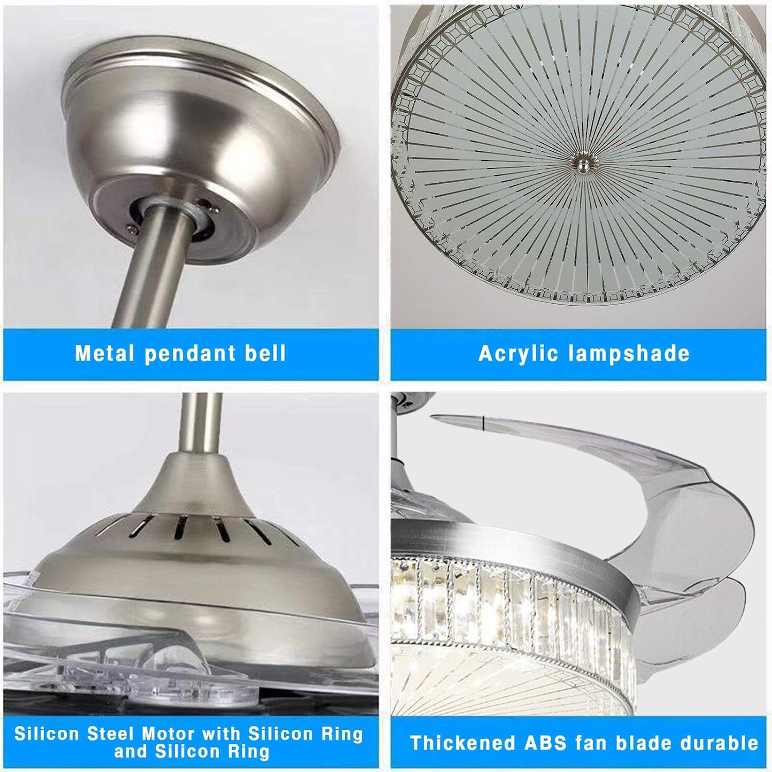 Bavnnro Crystal Ceiling Fans with Lights,42 Inch LED 3 Color Remote Control Retractable Invisible Blades 3 Speeds Indoor Ceiling Light Kits with Fans for Decorate Living Room Bedroom