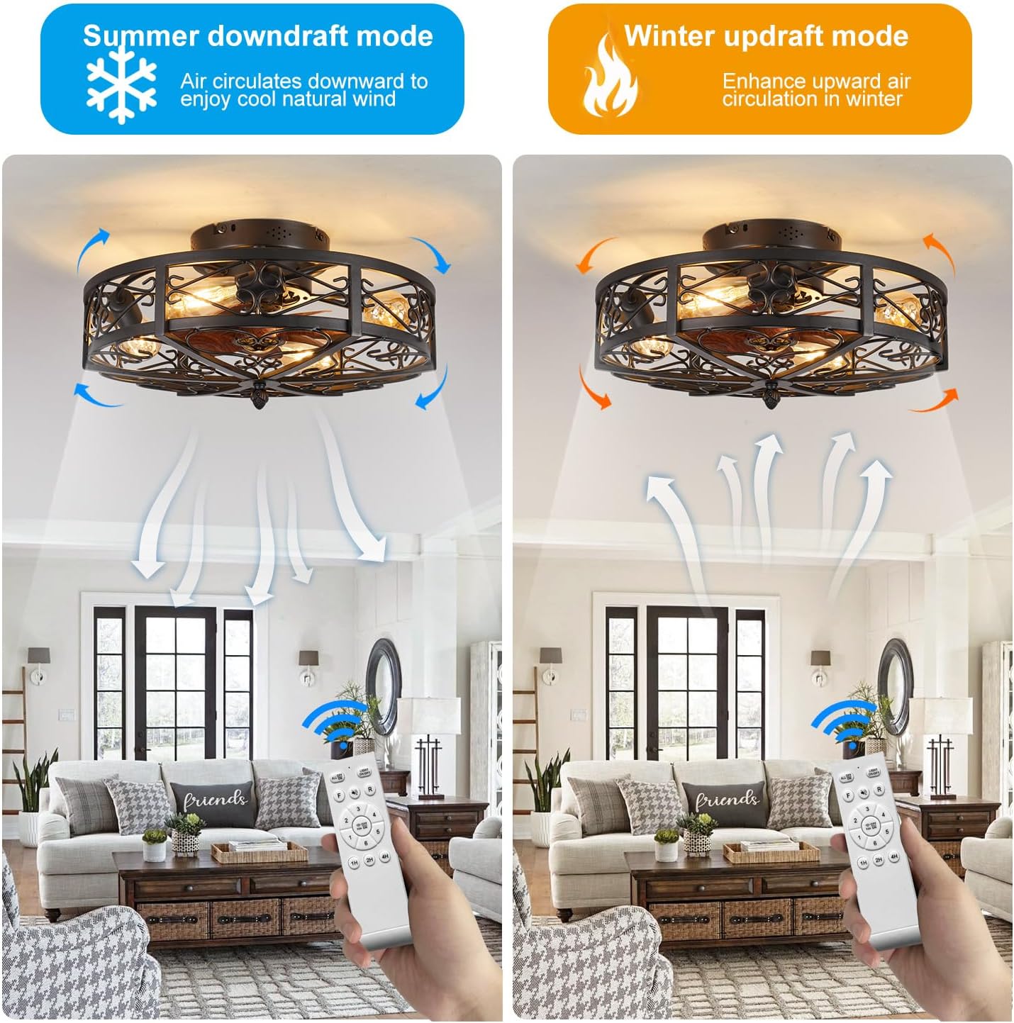 20' Caged Farmhouse Flush Mount Ceiling Fan with Light and Remote Control Bladeless Low Profile Ceiling Fans with Lights Enclosed Vintage Fan 6 Speed Reversible for Kitchen, Bedroom