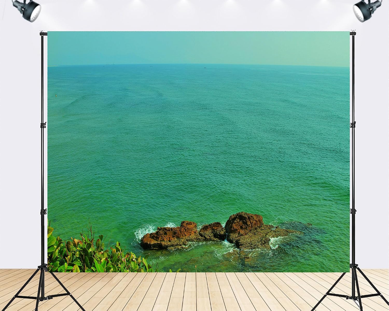 Trykid 20x10ft Green Ocean Rocky Outcrop Backdrop Clear Horizon Coastal View Photography Background Nature Landscape Coastal Adventure Tapestry Party Decoration Photo Studio Prop Fabric