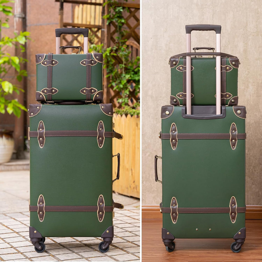 urecity Vintage Suitcase Set for Women, Vintage Luggage Sets for Women 2 Piece, Cute Designer Trunk Luggage, Retro Suit Case, Luggage Zipperless TSA Approved, Army Green, 20'+12'