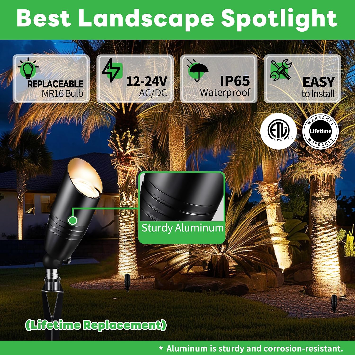 Landscape Spotlights, Black Low Voltage LED Outdoor Lighting, IP65 Waterproof Aluminum uplight for Yard House Porch Without MR16 Bulb 8 Pack