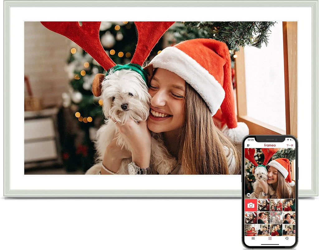 Digital Picture Frame, 15.6 Inch Frameo Digital Frame WiFi, 1920*1080 IPS FHD Touchscreen, 32GB, Tabletop&Wall-Mounted, Share Picture Video, Electronic Photo Frame Slideshow, Gifts for Mom, White Clay