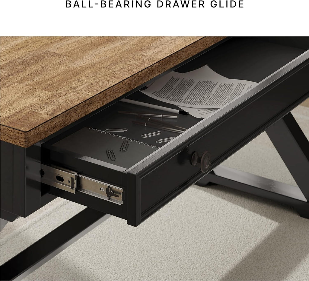 Signature Design by Ashley Wildenauer Farmhouse 1-Drawer 60' Home Office Desk with Keyboard Tray, Cord Management and Trestle Base, Dark Brown & Black