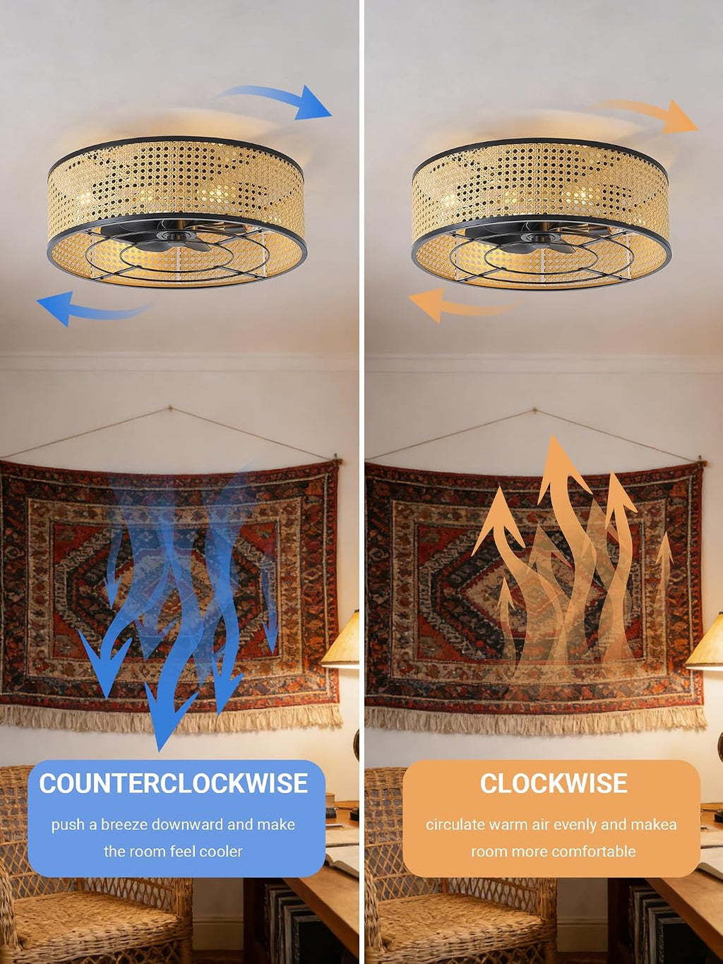Boho Caged Ceiling Fan with Light, 20' Rattan Flush Mount Ceiling Fans with Lights Remote Contro, Bladeless Enclosed Fandelier Fan Safe for Bedroom, Living room, Nursery