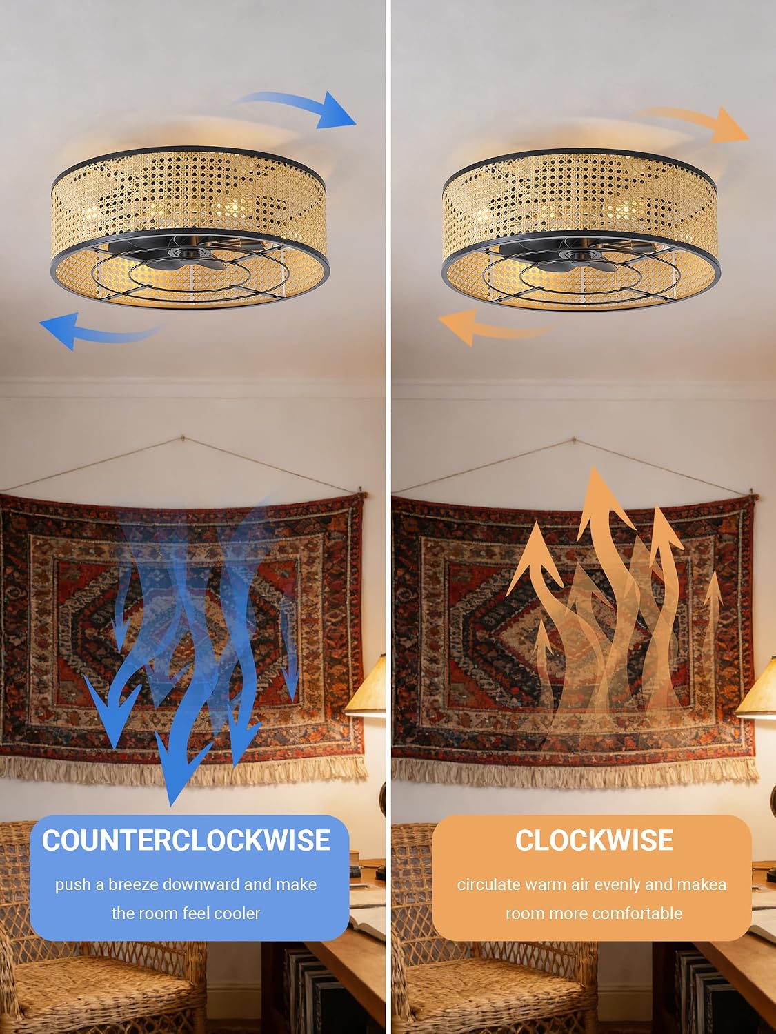 Boho Caged Ceiling Fan with Light, 20' Rattan Flush Mount Ceiling Fans with Lights Remote Contro, Bladeless Enclosed Fandelier Fan Safe for Bedroom, Living room, Nursery