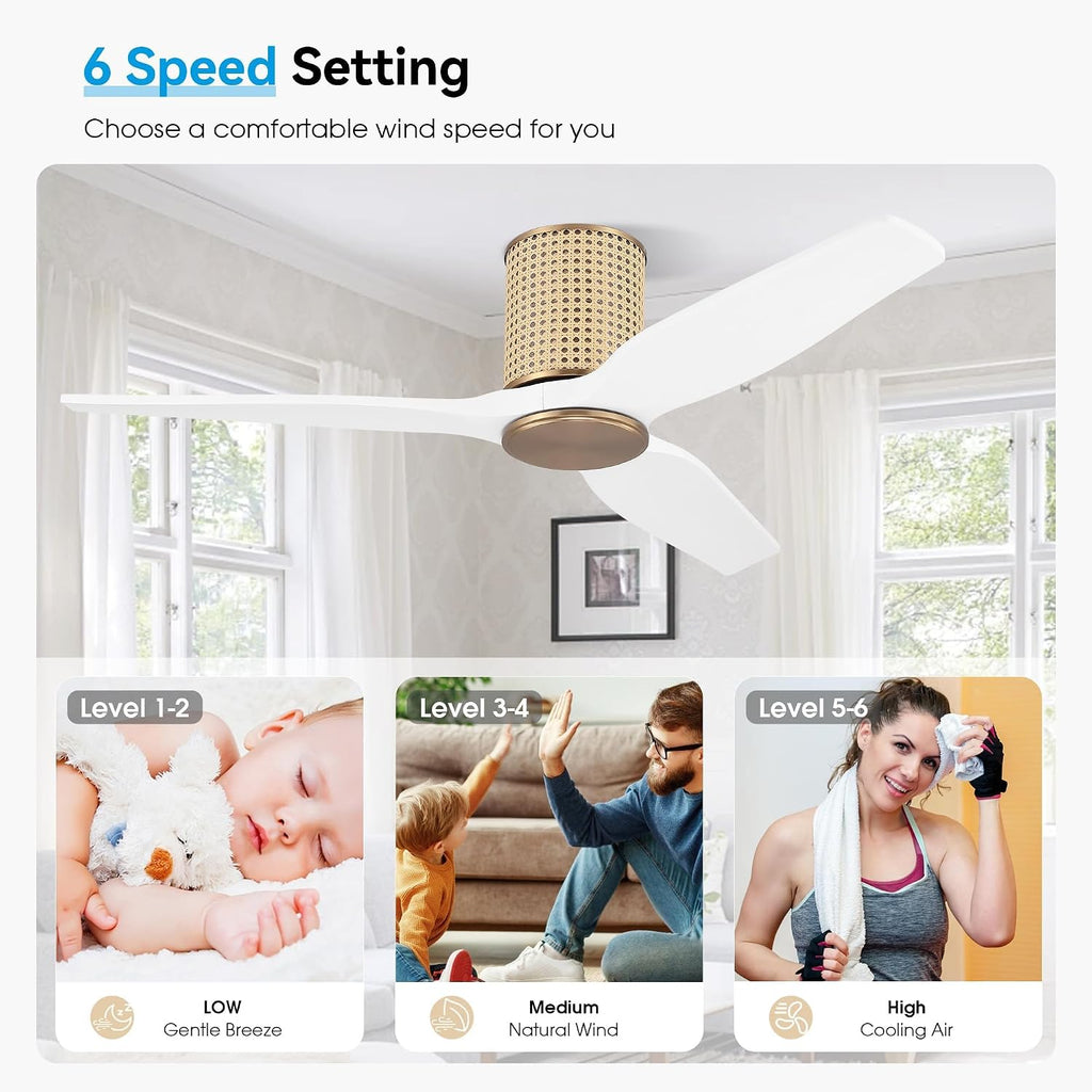 LEDLUX 48' Ceiling Fan No Light - Low Profile Flush Mount Ceiling Fan, 6-Speed Remote Control, Solid Wood, Quiet Reversible DC Motor, White/Gold Finish, for Bedroom, Living Room, Porch