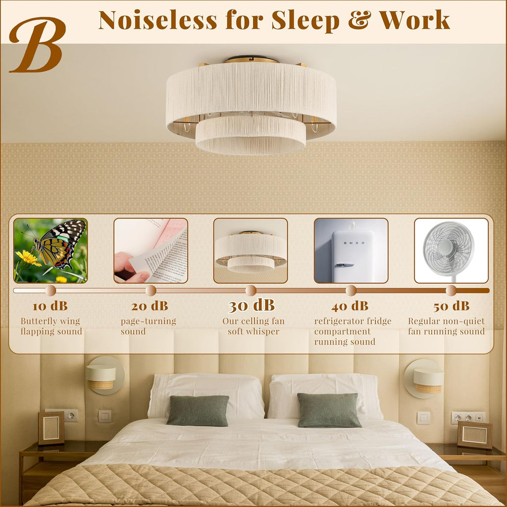 20' Boho Fandelier Ceiling Fan with Light and Remote, Gold Ceiling Fan with White Hand Woven Rattan, Flush Mount Low Profile Fan for Bedroom Living Room Kitchen, Reversible & Quiet