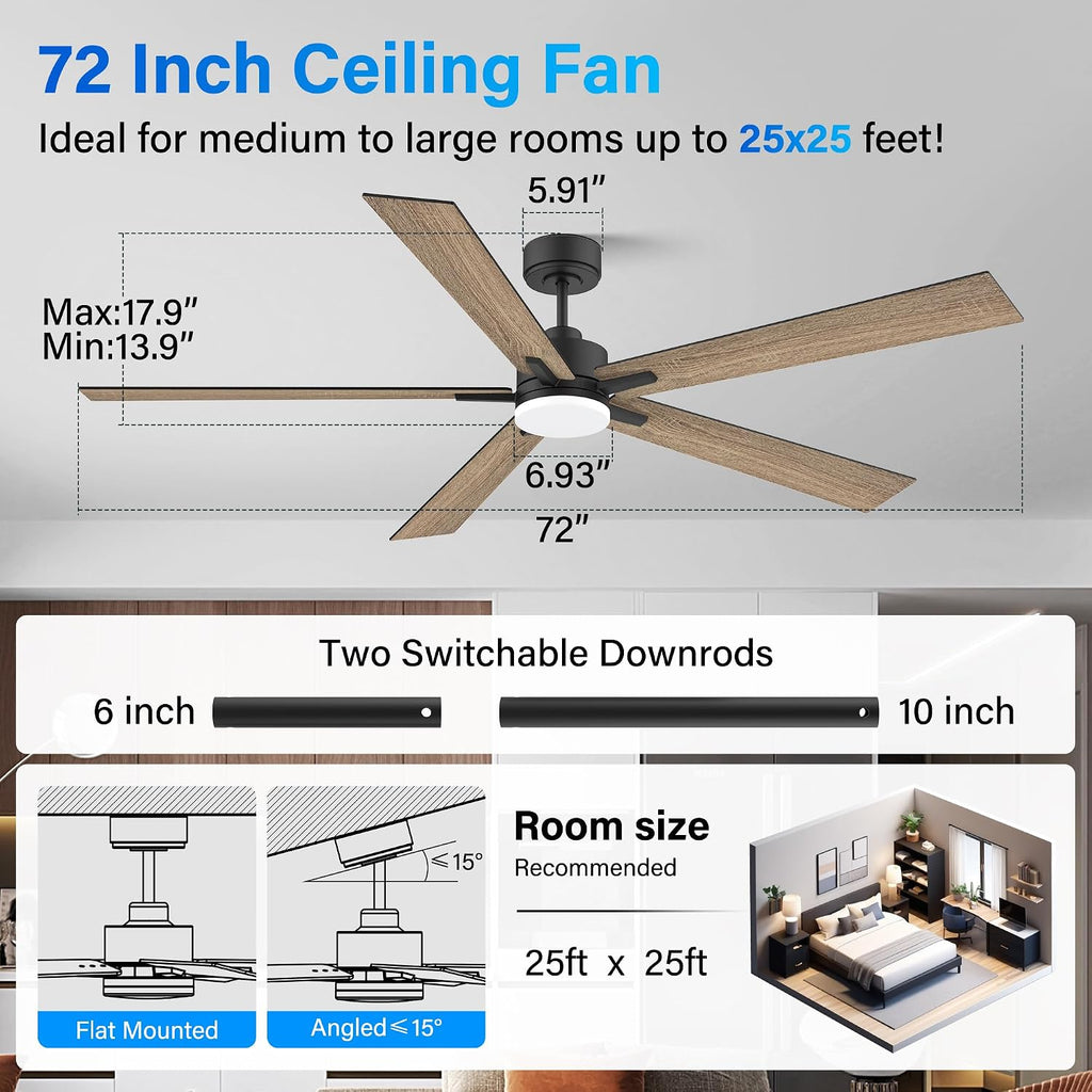 72' Large Smart Ceiling Fan with Lights Remote,Silent DC Motor,Control via WIFI Alexa Google App,Outdoor Indoor Modern Ceiling Fans for Living Room Kitchen Patio,5 Blades in Black & Walnut Brown